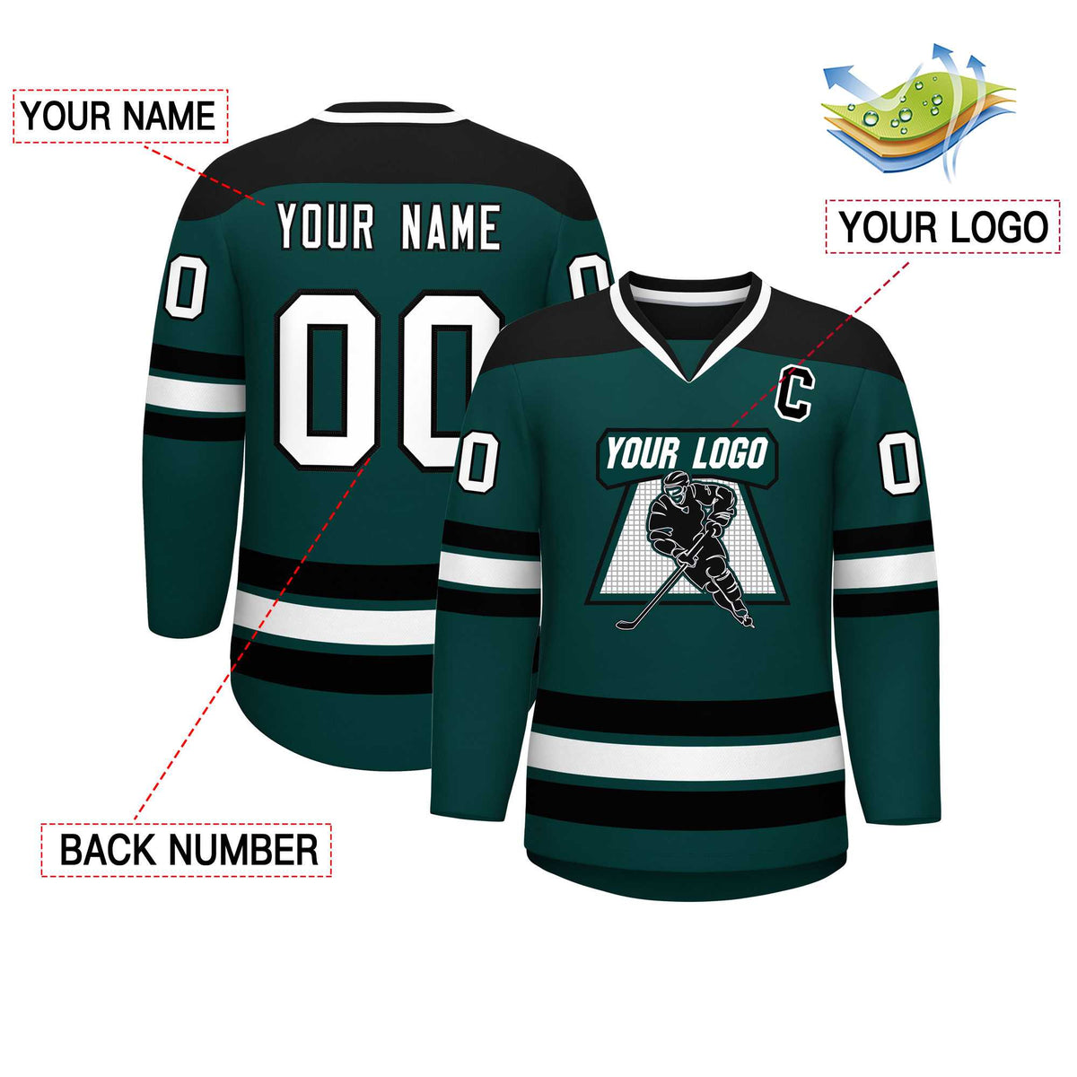Custom Midnight Green Black-White Personalized Classic V-Neck Hockey Jersey | KXKSHOP