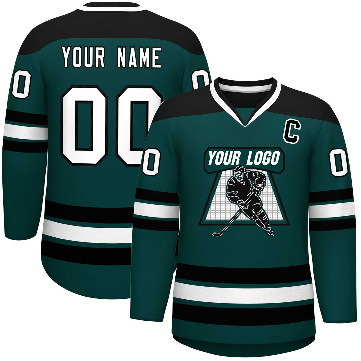 Custom Midnight Green Black-White Personalized Classic V-Neck Hockey Jersey | KXKSHOP