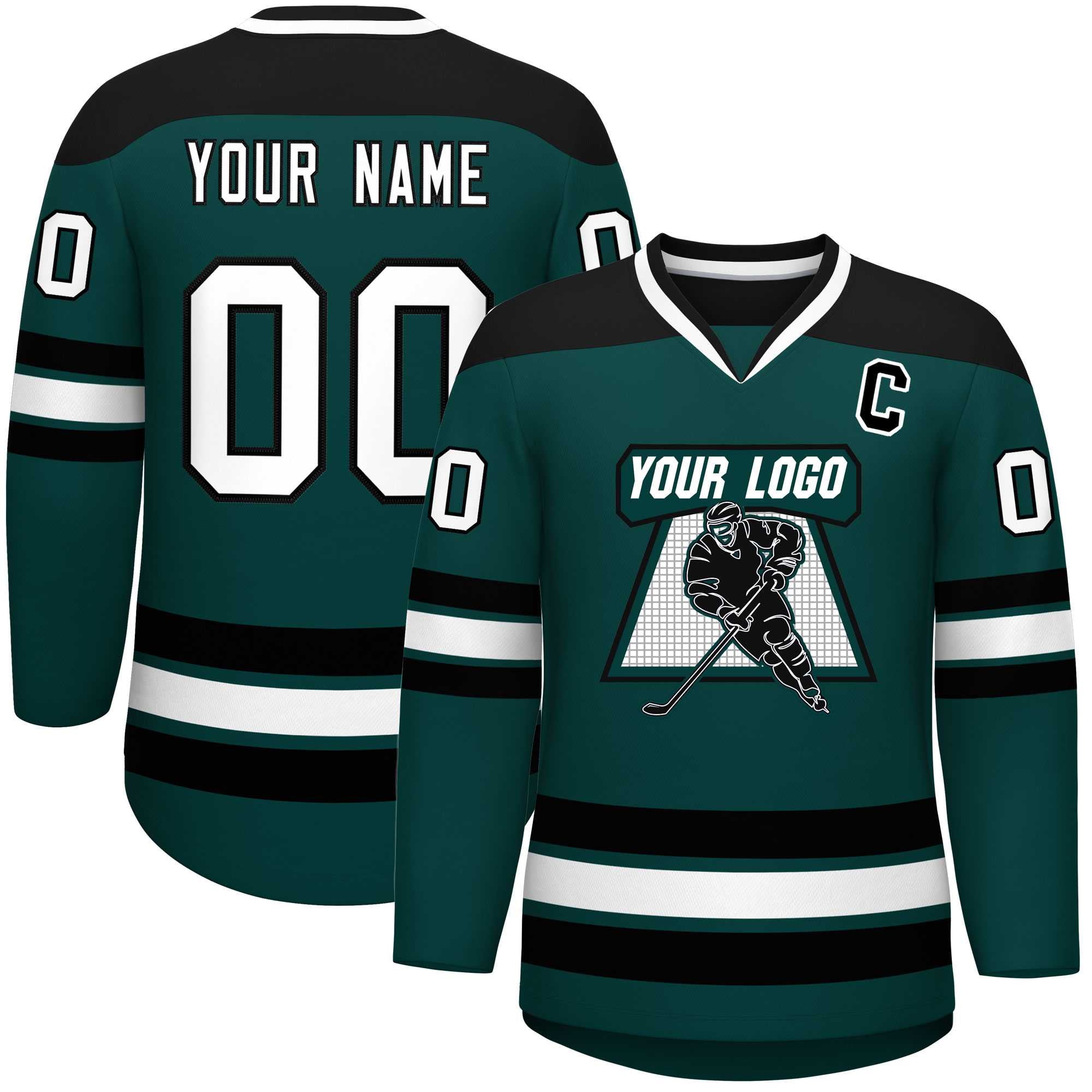 Custom Midnight Green Black-White Personalized Classic V-Neck Hockey Jersey | KXKSHOP