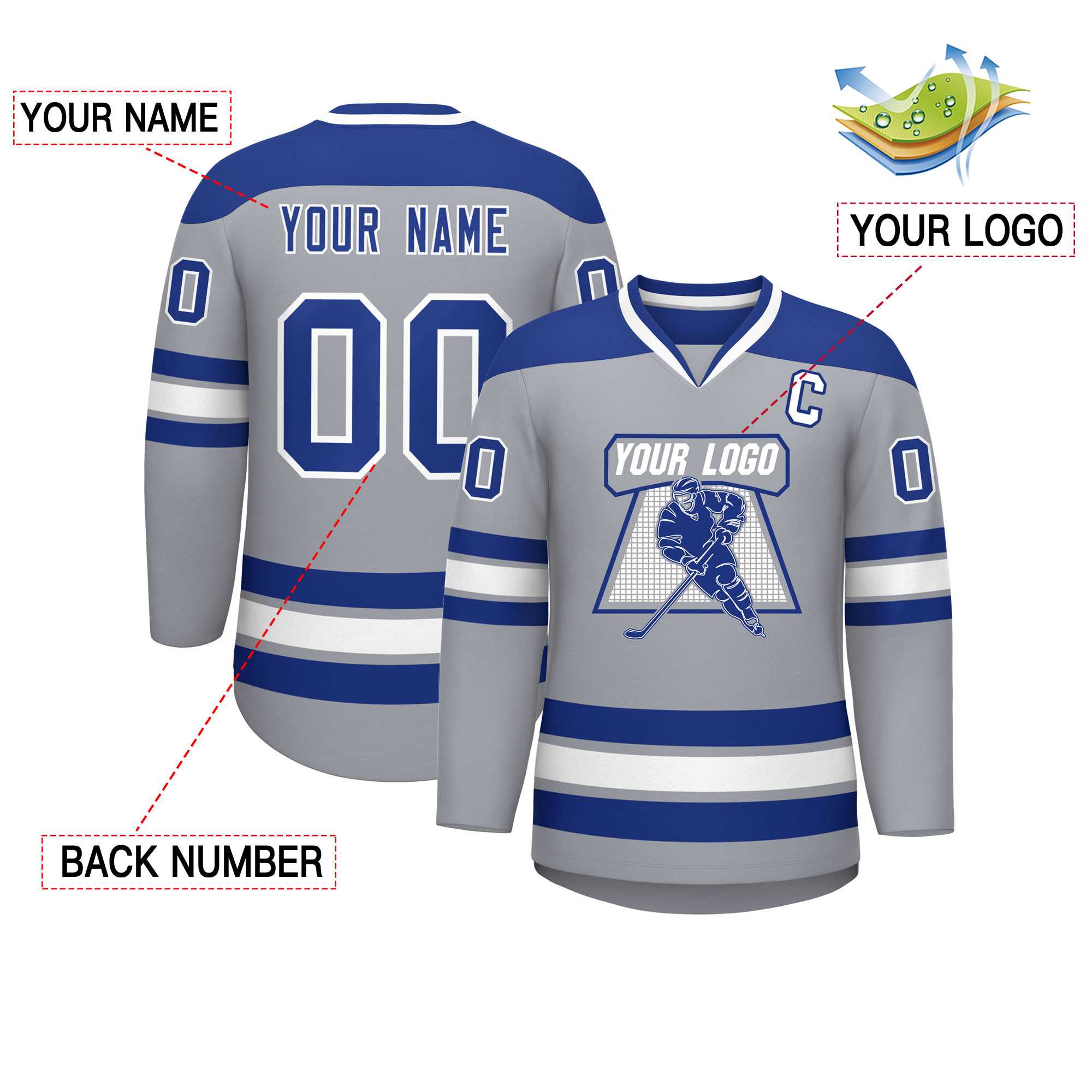 Custom Gray Royal-White Personalized Classic V-Neck Hockey Jersey | KXKSHOP