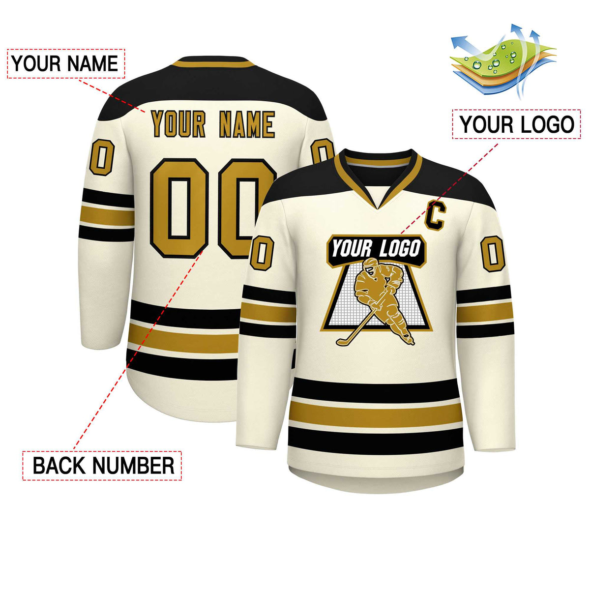 Custom Cream Black-Old Gold Personalized Classic V-Neck Hockey Jersey | KXKSHOP