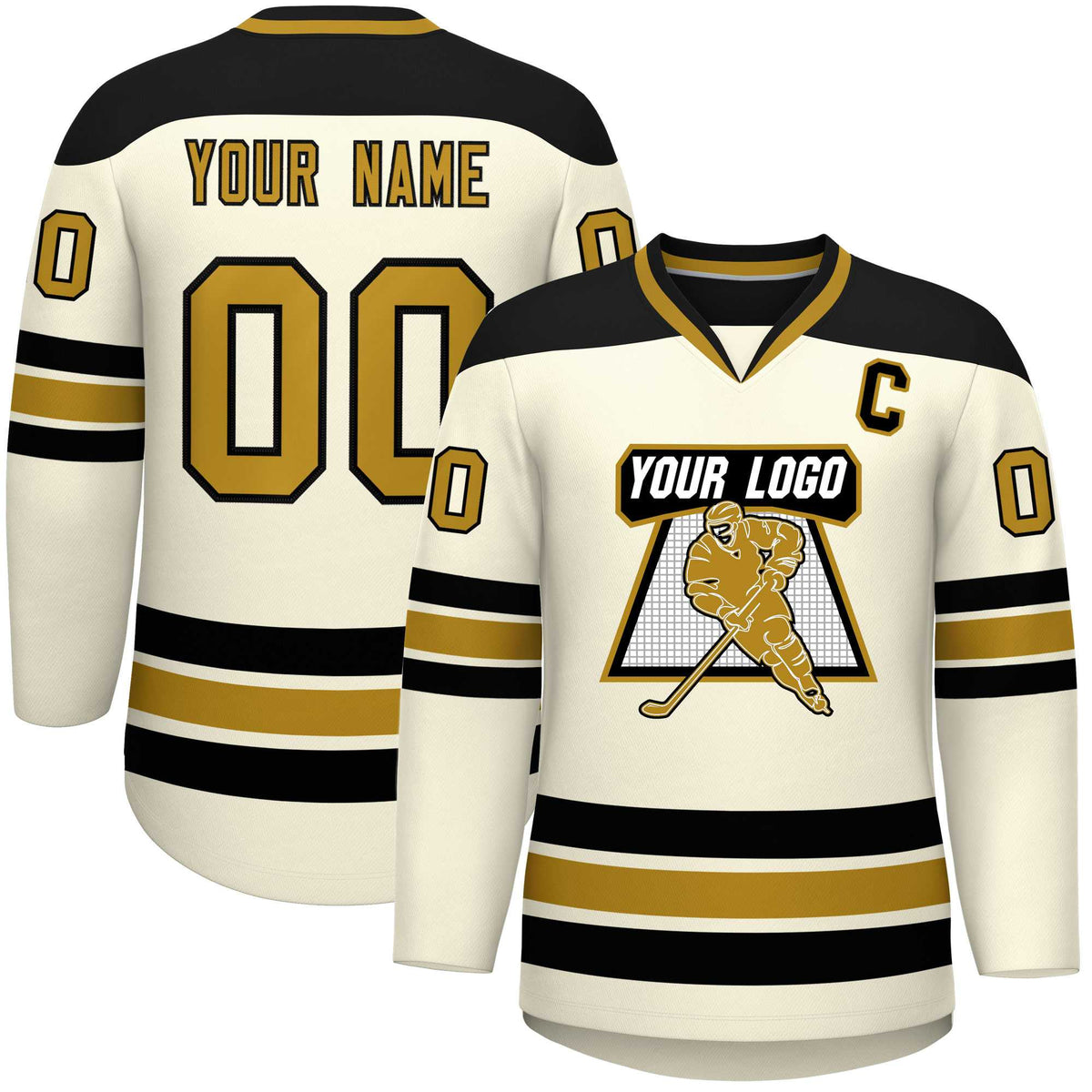Custom Cream Black-Old Gold Personalized Classic V-Neck Hockey Jersey | KXKSHOP