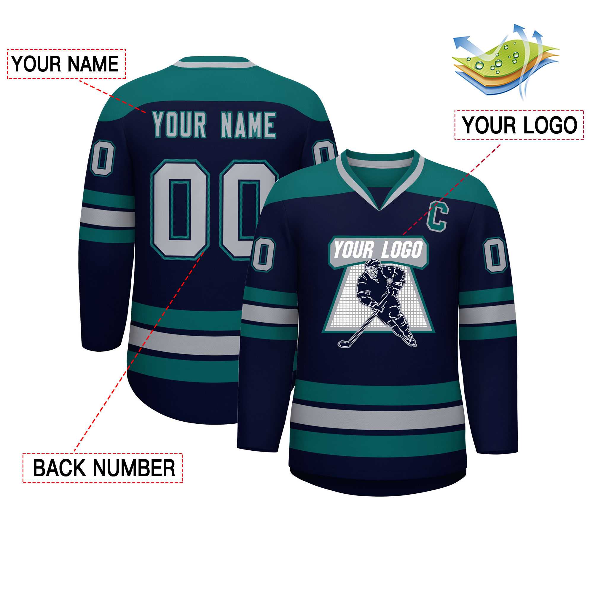 Custom Navy Aqua-Gray Personalized Classic V-Neck Hockey Jersey | KXKSHOP