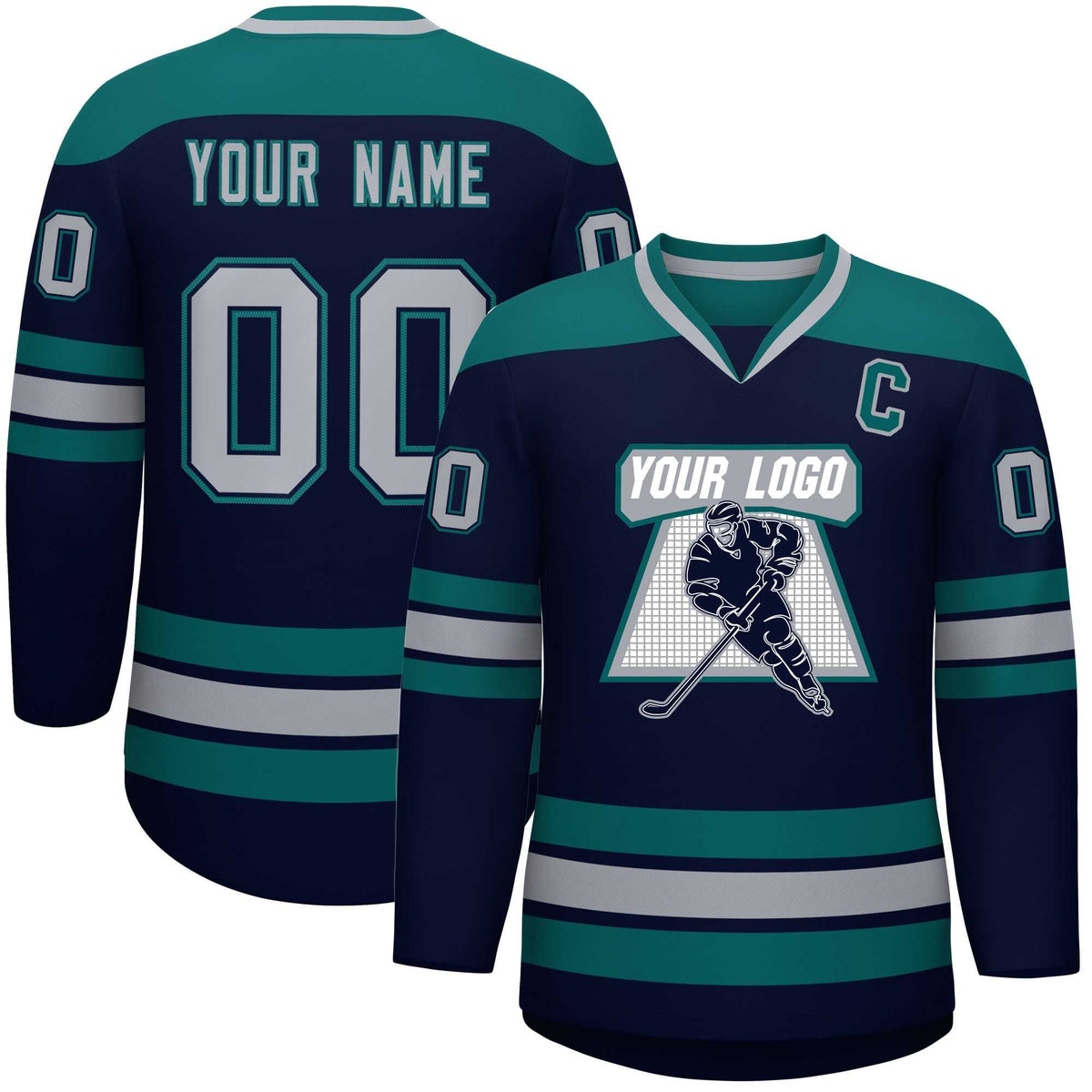 Custom Navy Aqua-Gray Personalized Classic V-Neck Hockey Jersey | KXKSHOP
