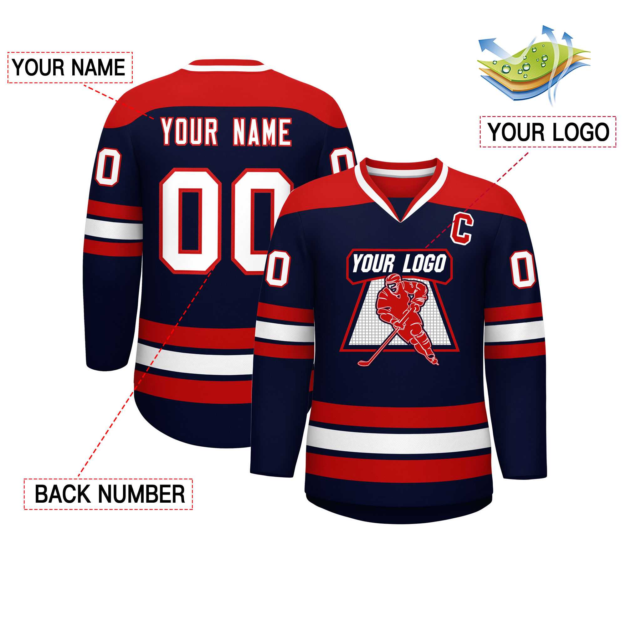 Custom Navy Red-White Personalized Classic V-Neck Hockey Jersey | KXKSHOP