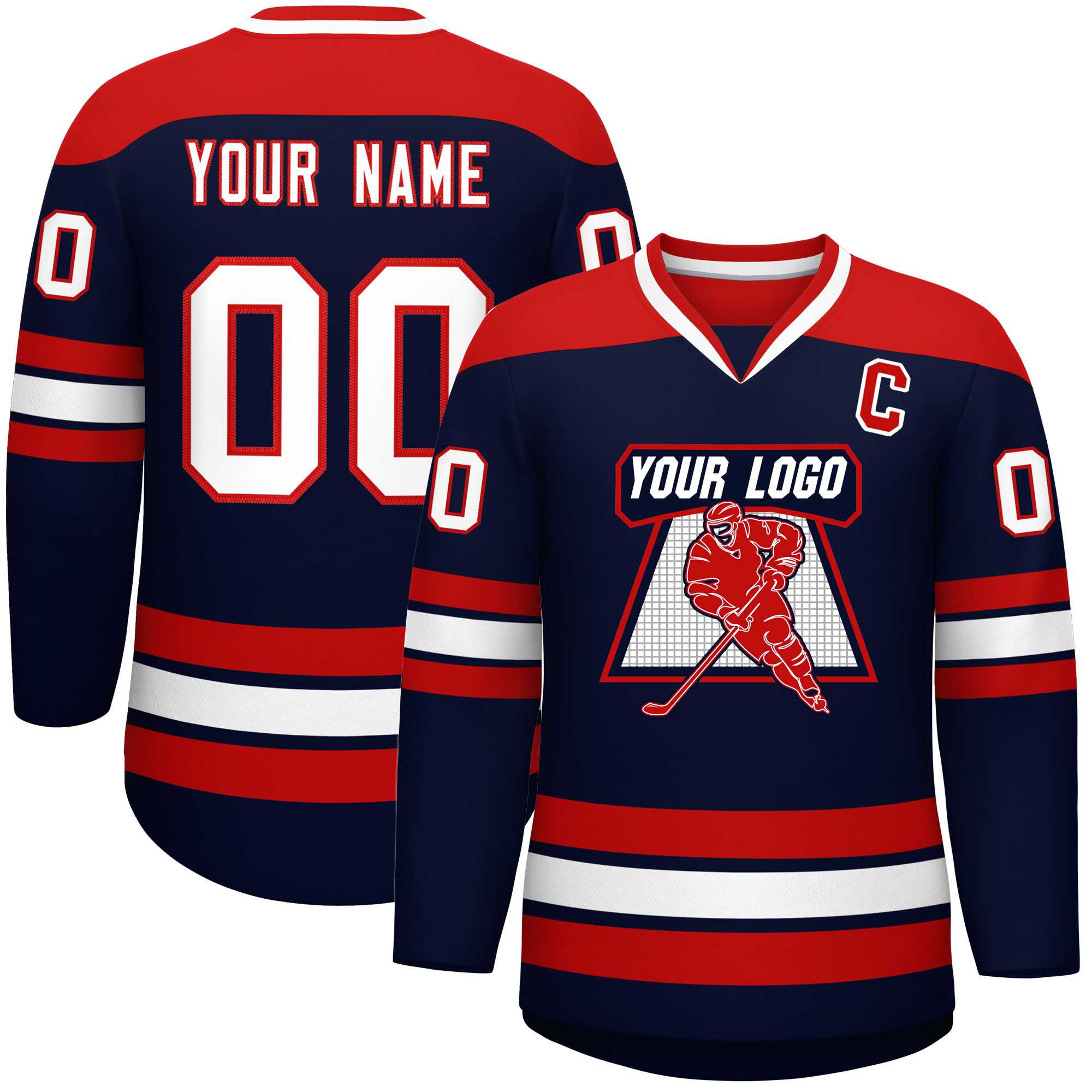 Custom Navy Red-White Personalized Classic V-Neck Hockey Jersey | KXKSHOP