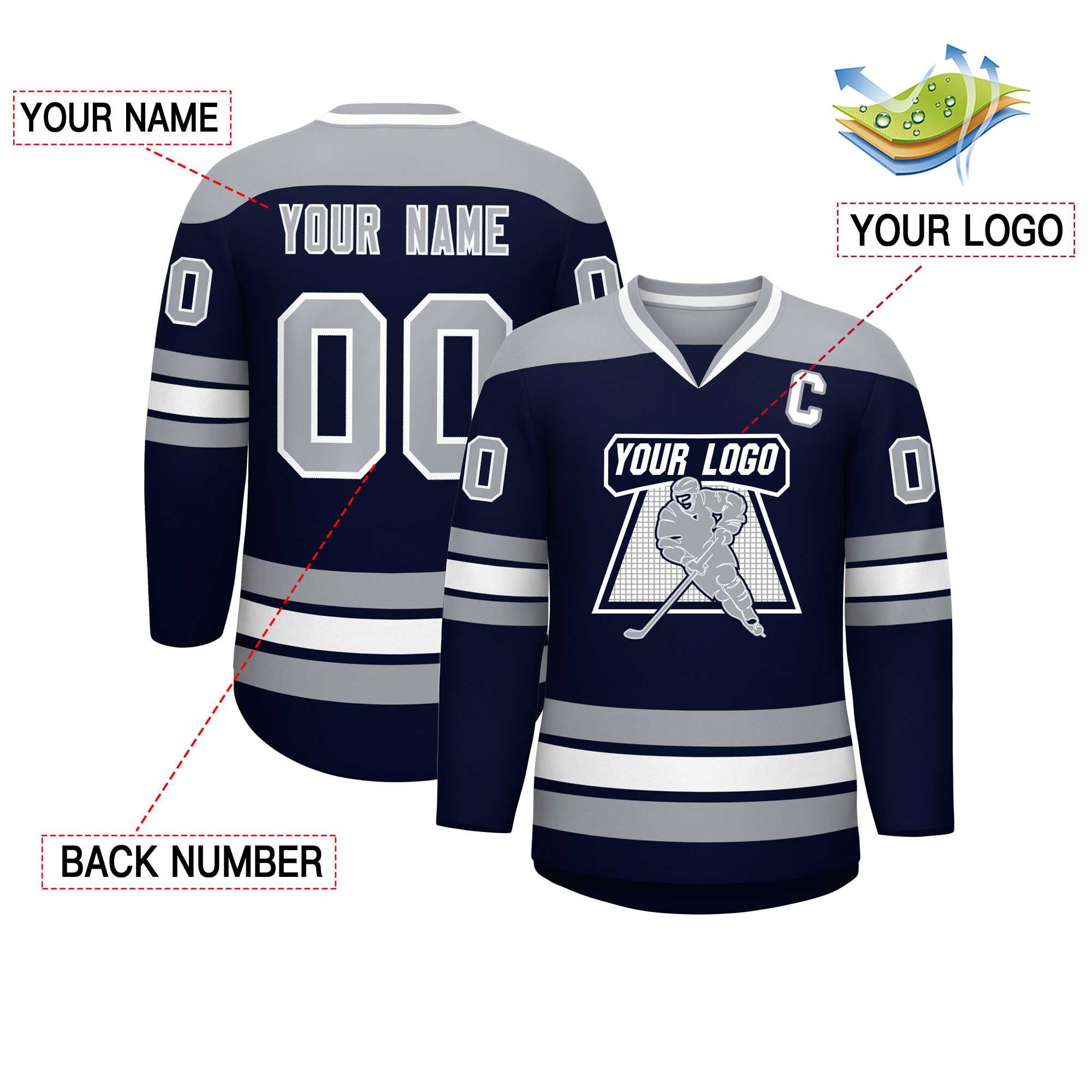 Custom Navy Gray-White Personalized Classic V-Neck Hockey Jersey | KXKSHOP