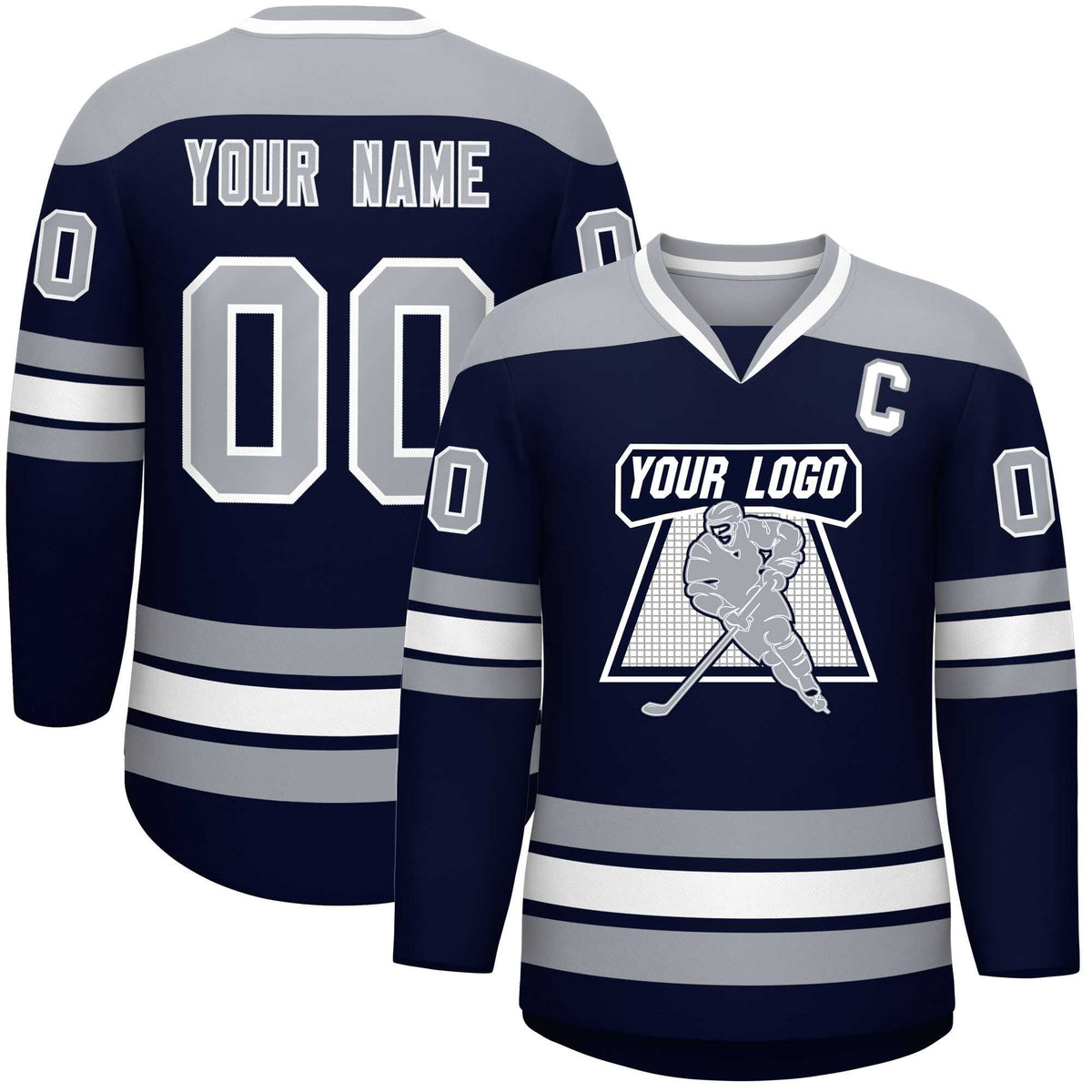 Custom Navy Gray-White Personalized Classic V-Neck Hockey Jersey | KXKSHOP