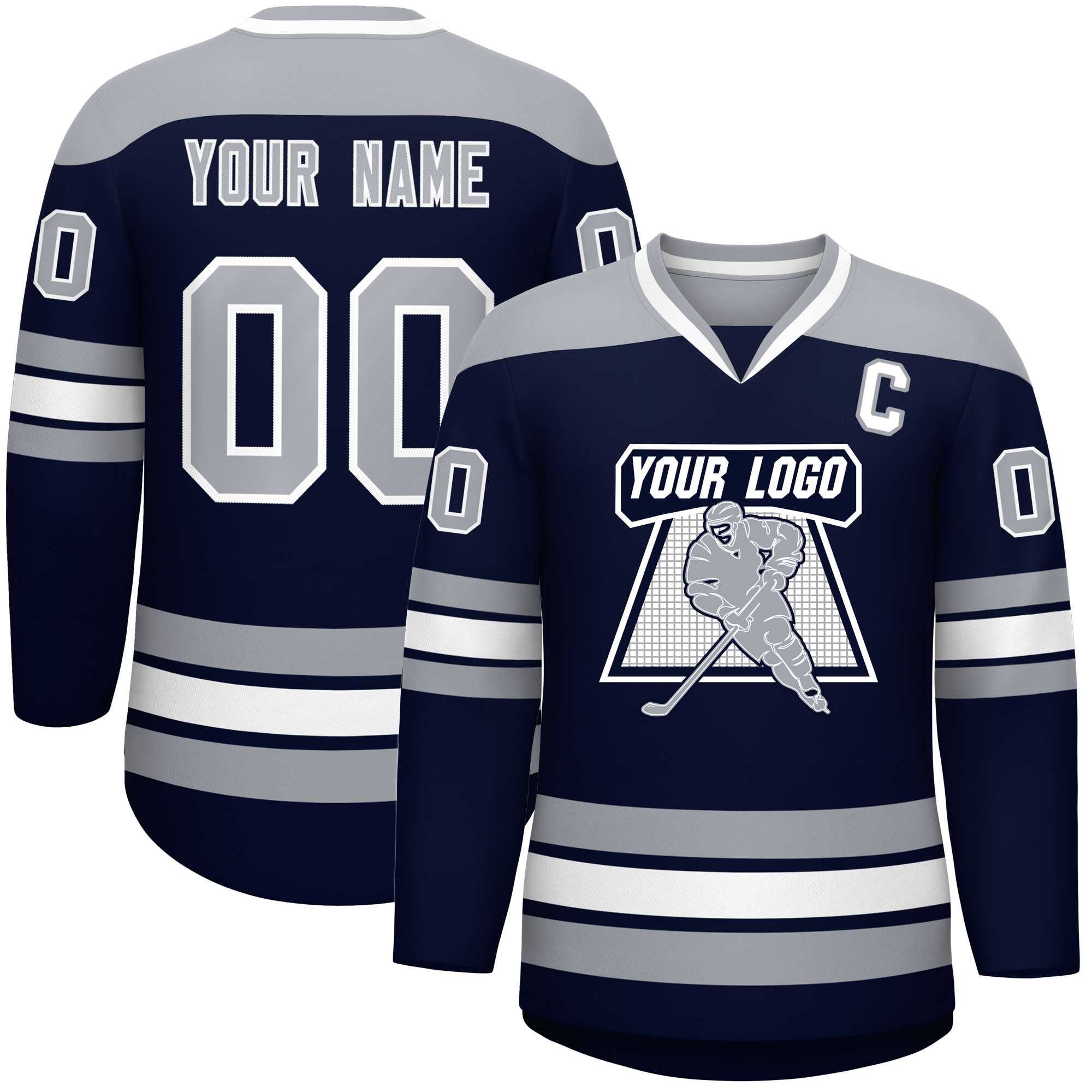 Custom Navy Gray-White Personalized Classic V-Neck Hockey Jersey | KXKSHOP