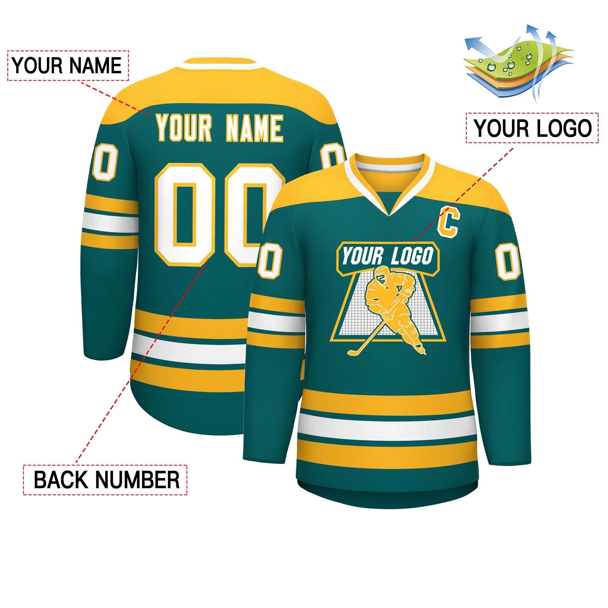 Custom Aqua Gold-White Personalized Classic V-Neck Hockey Jersey | KXKSHOP