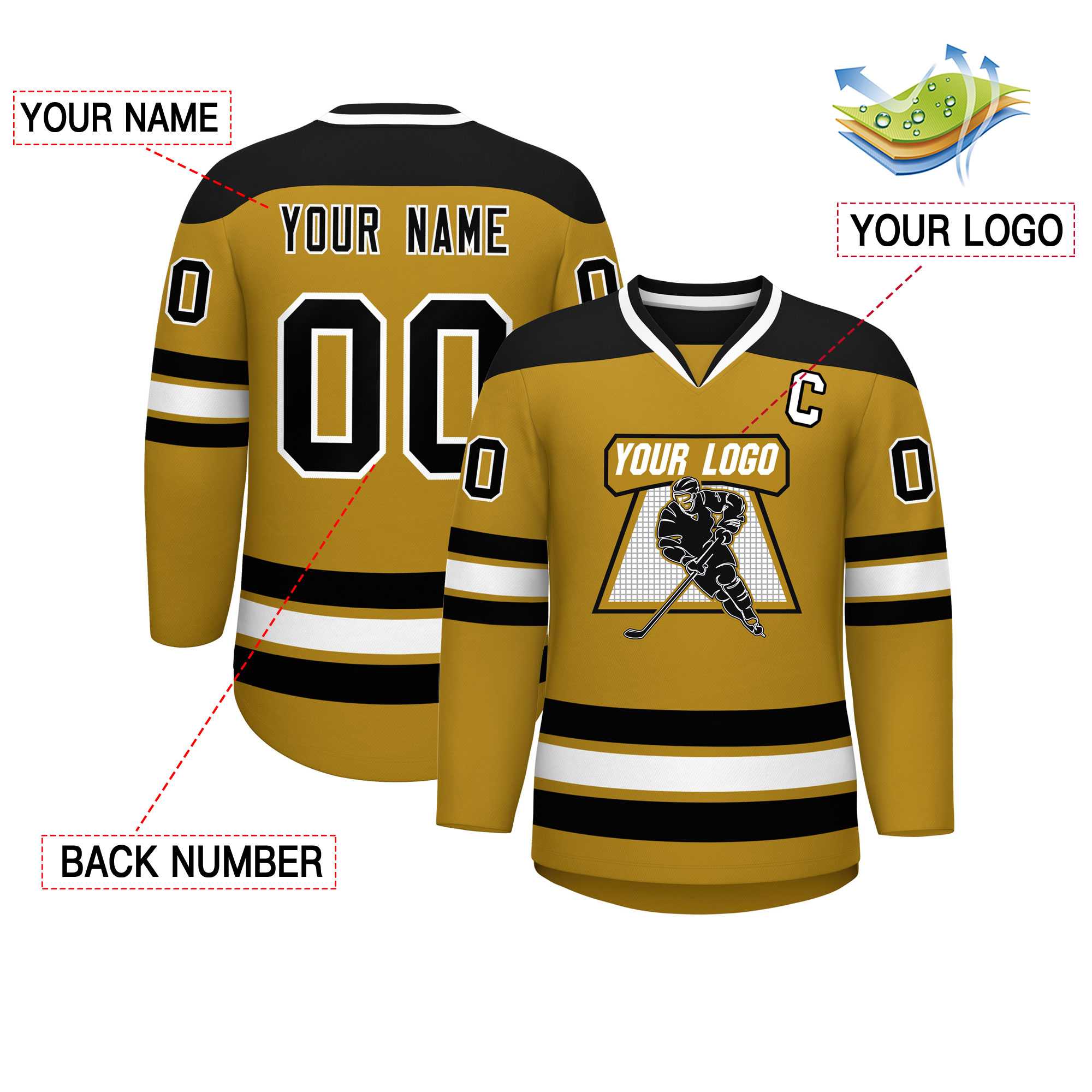 Custom Old Gold Black-White Personalized Classic V-Neck Hockey Jersey | KXKSHOP