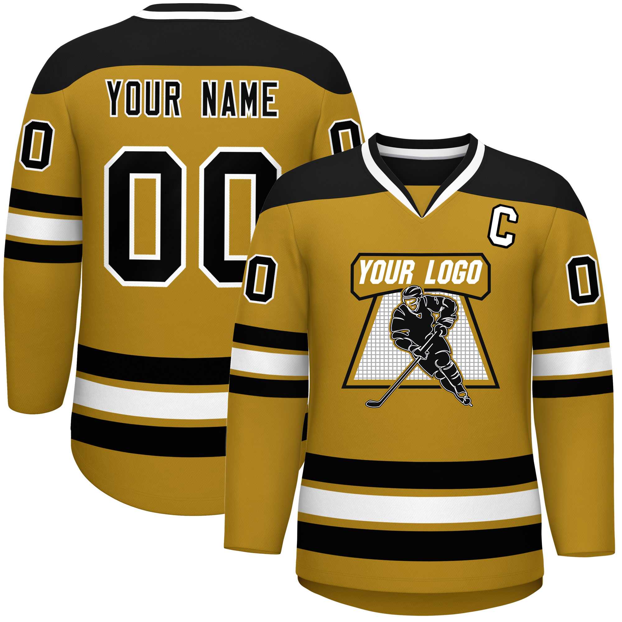 Custom Old Gold Black-White Personalized Classic V-Neck Hockey Jersey | KXKSHOP