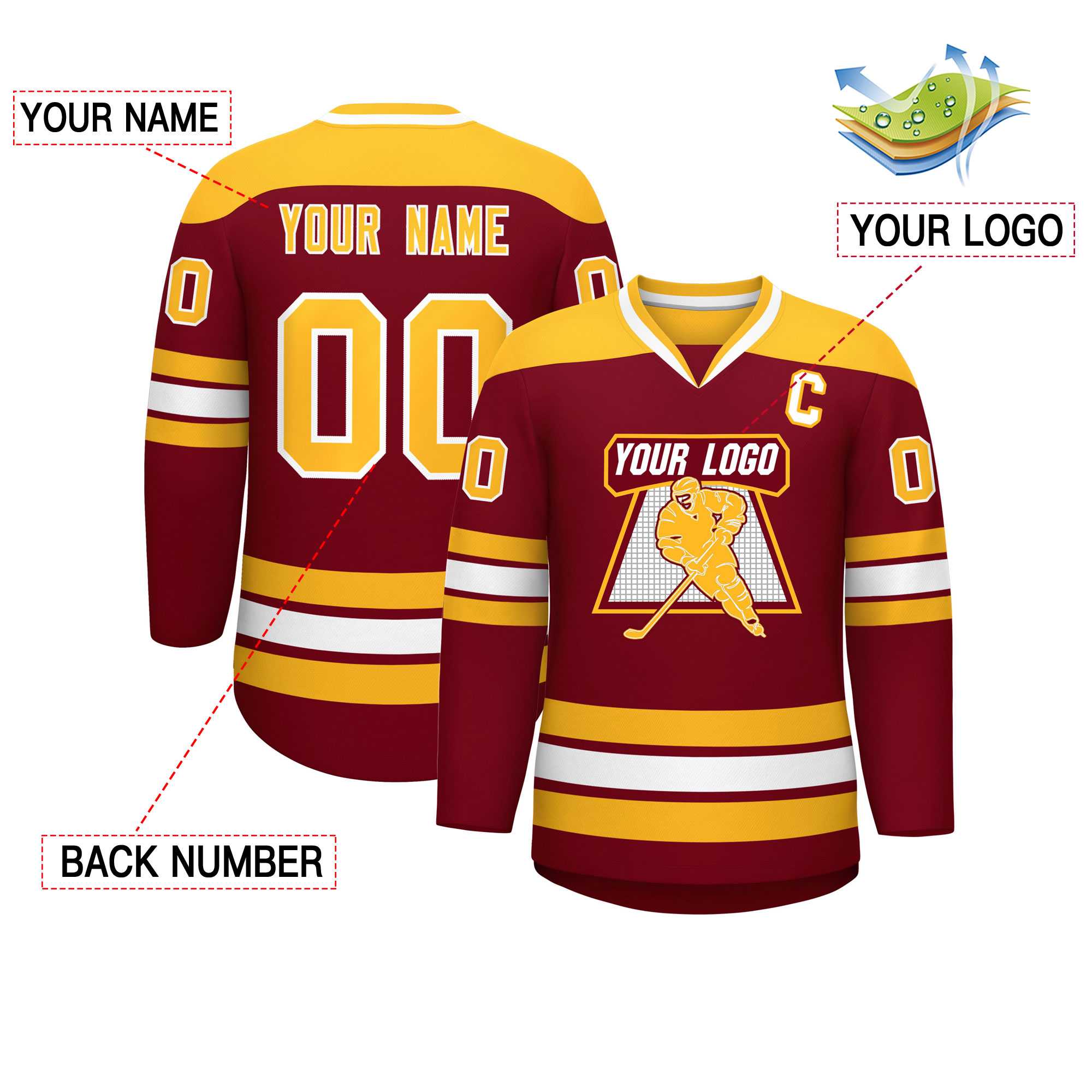 Custom Crimson Gold-White Personalized Classic V-Neck Hockey Jersey | KXKSHOP