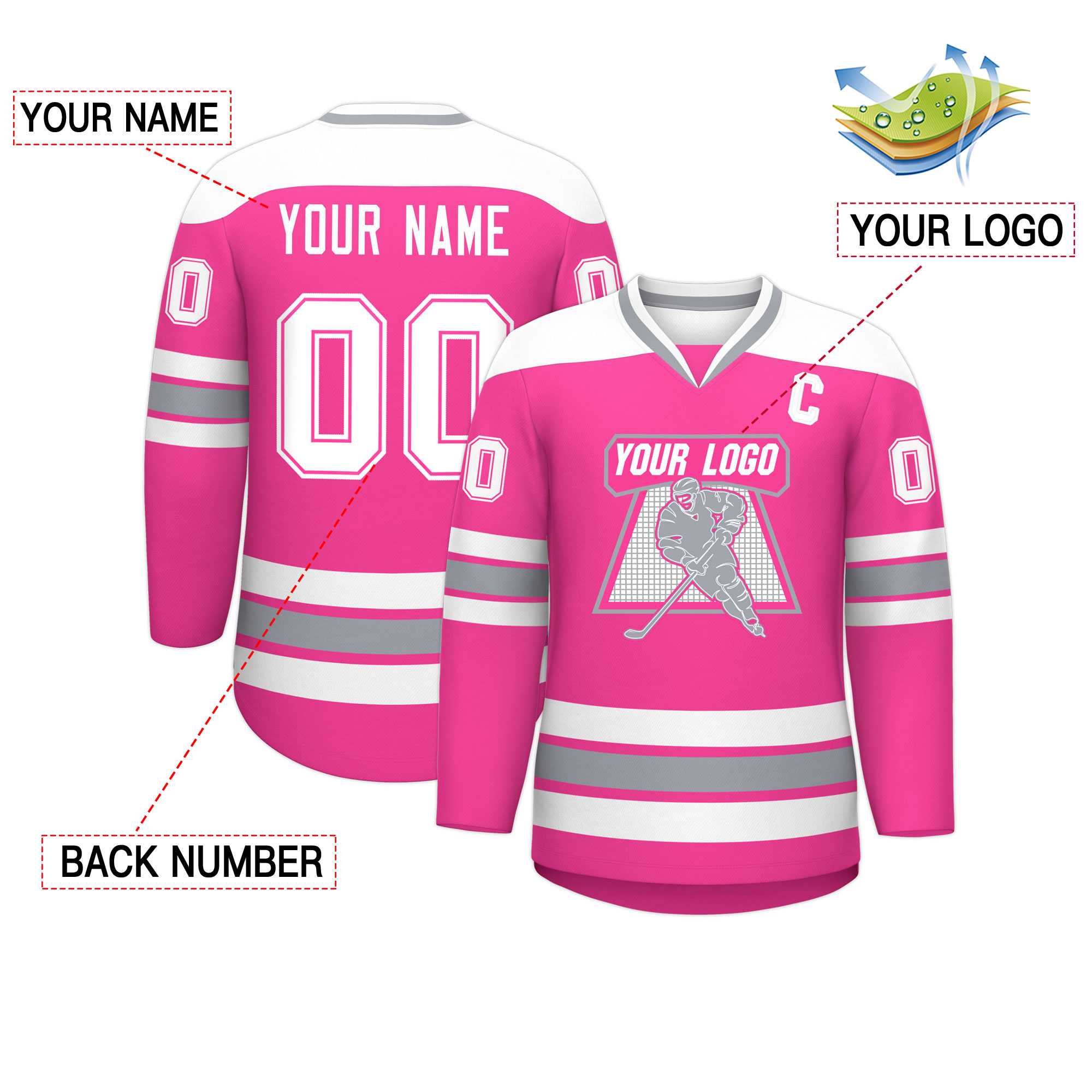 Custom Pink White-Gray Personalized Classic V-Neck Hockey Jersey | KXKSHOP