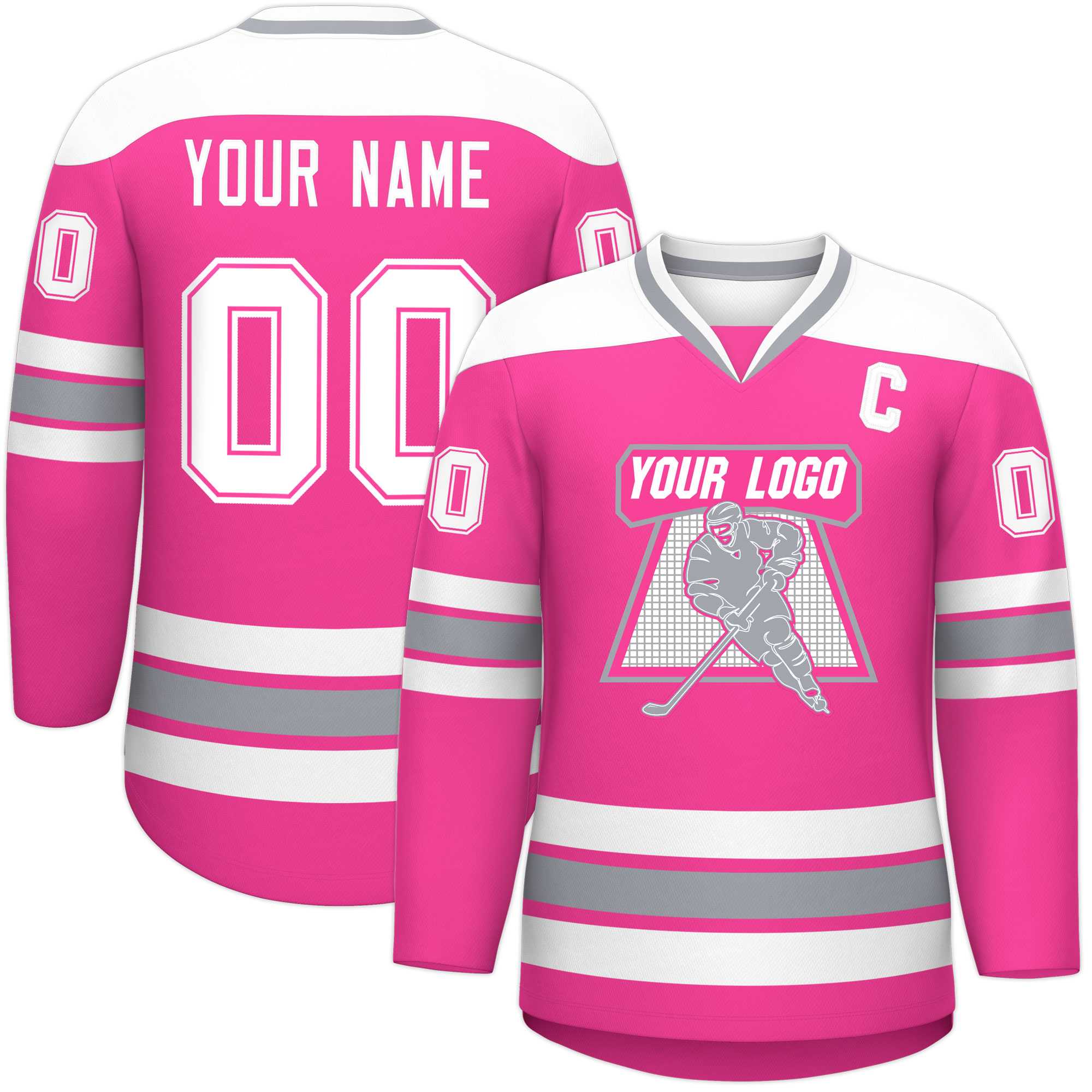 Custom Pink White-Gray Personalized Classic V-Neck Hockey Jersey | KXKSHOP