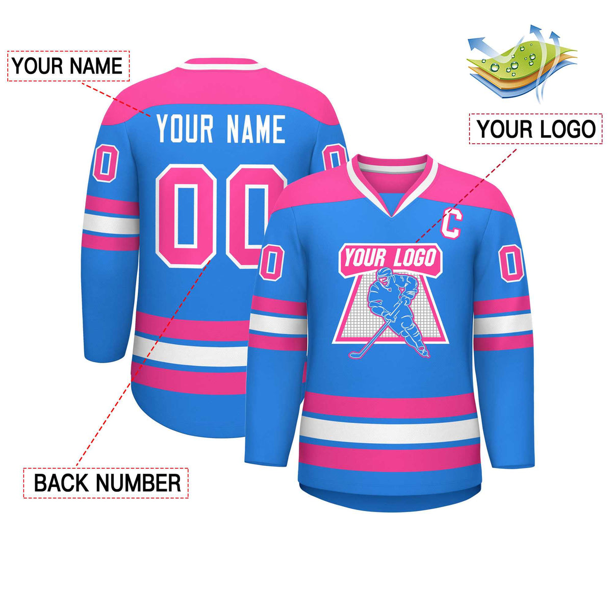 Custom Powder Blue Pink-White Personalized Classic V-Neck Hockey Jersey | KXKSHOP