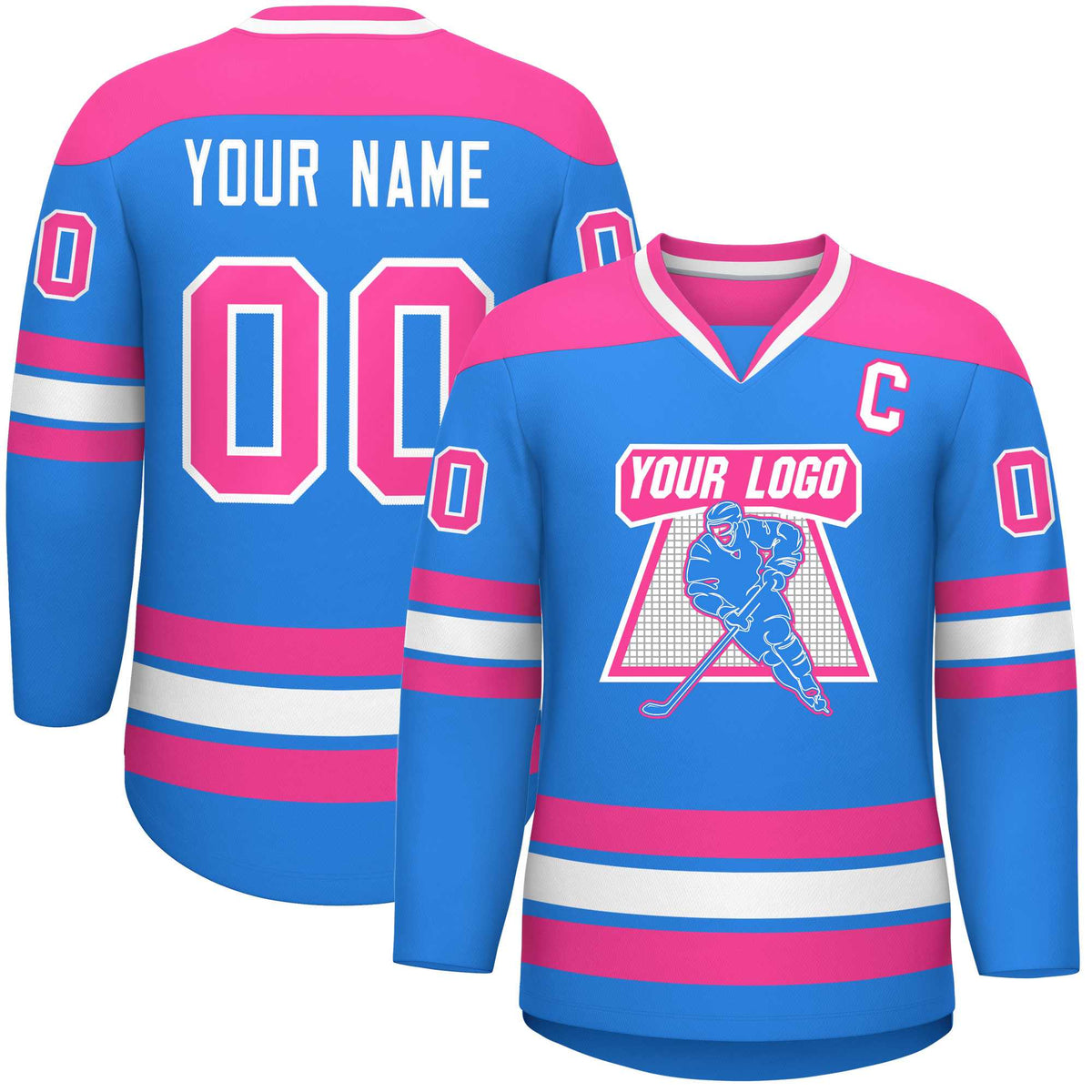 Custom Powder Blue Pink-White Personalized Classic V-Neck Hockey Jersey | KXKSHOP