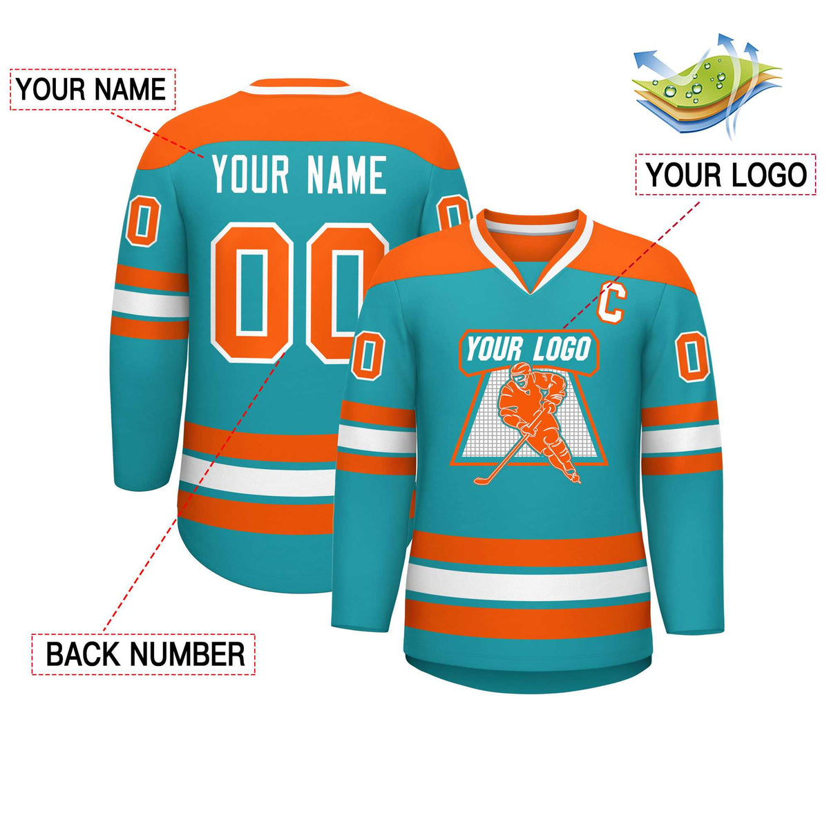 Custom Aqua Orange-White Personalized Classic V-Neck Hockey Jersey | KXKSHOP