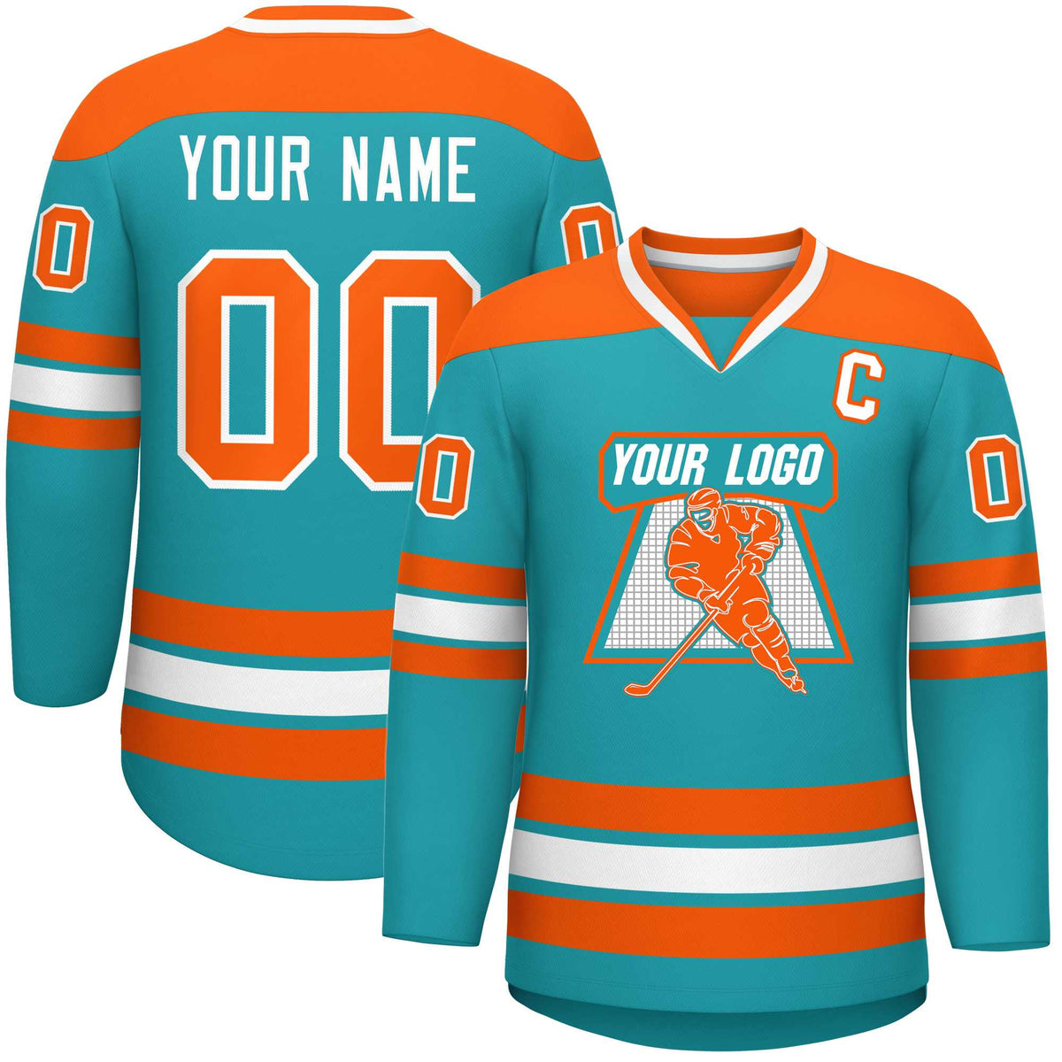 Custom Aqua Orange-White Personalized Classic V-Neck Hockey Jersey | KXKSHOP