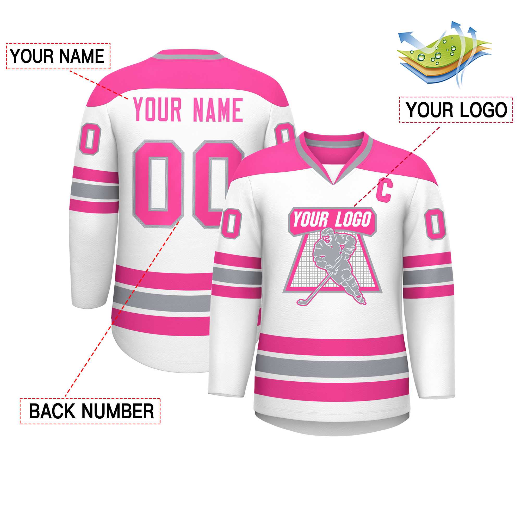 Custom White Pink-Gray Personalized Classic V-Neck Hockey Jersey | KXKSHOP