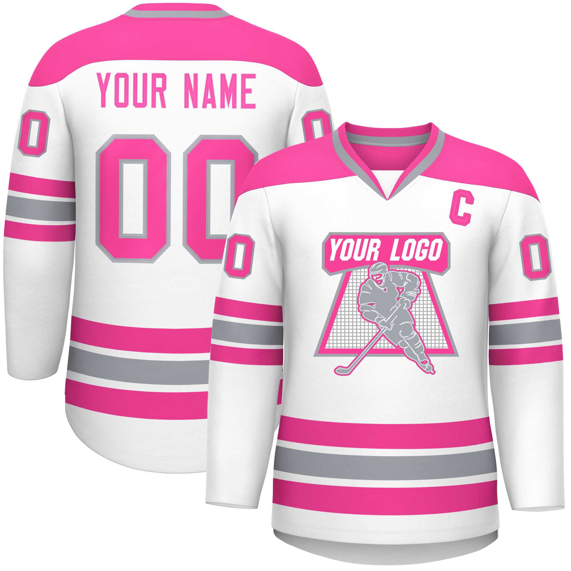Custom White Pink-Gray Personalized Classic V-Neck Hockey Jersey | KXKSHOP