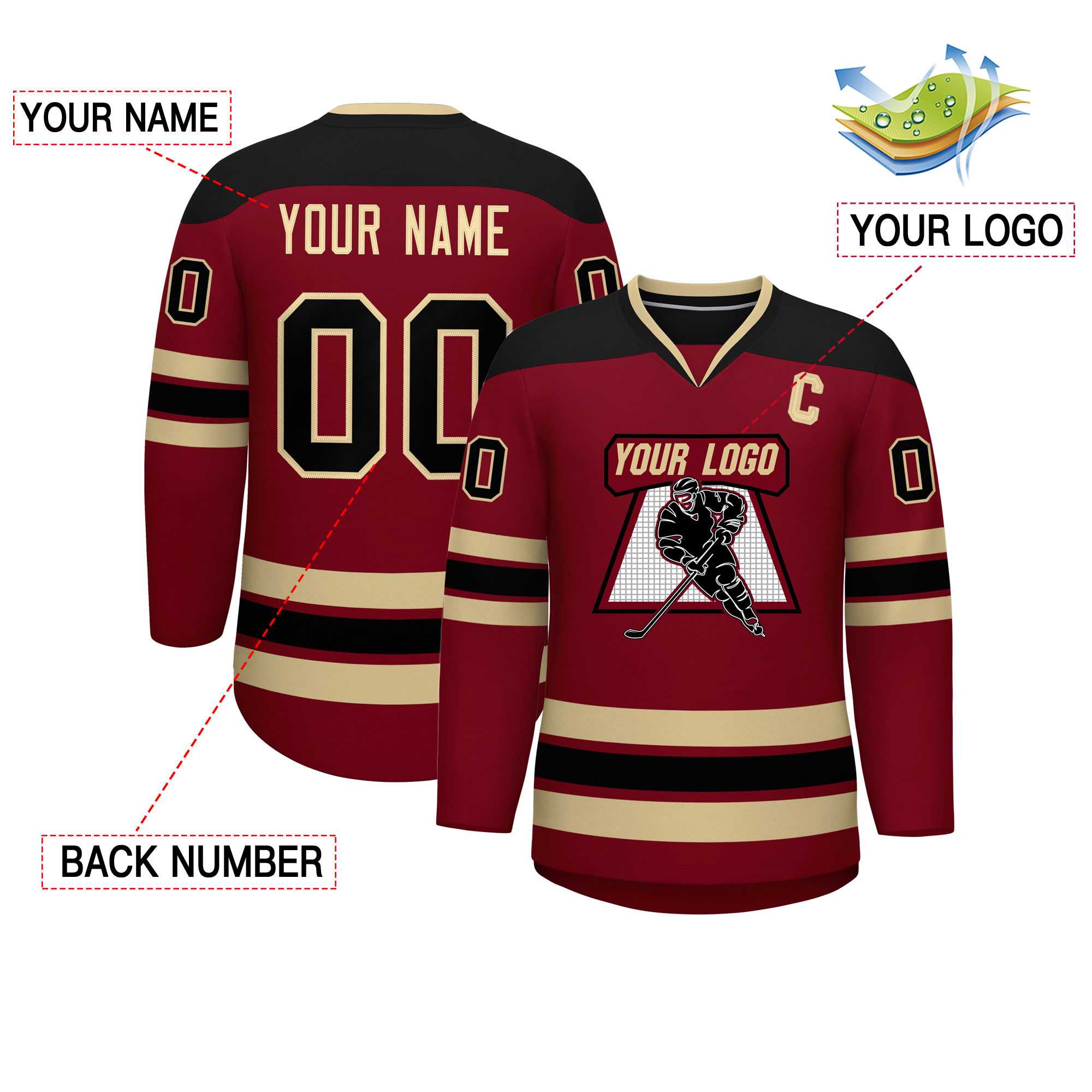 Custom Crimson Black-Black Personalized Classic V-Neck Hockey Jersey | KXKSHOP