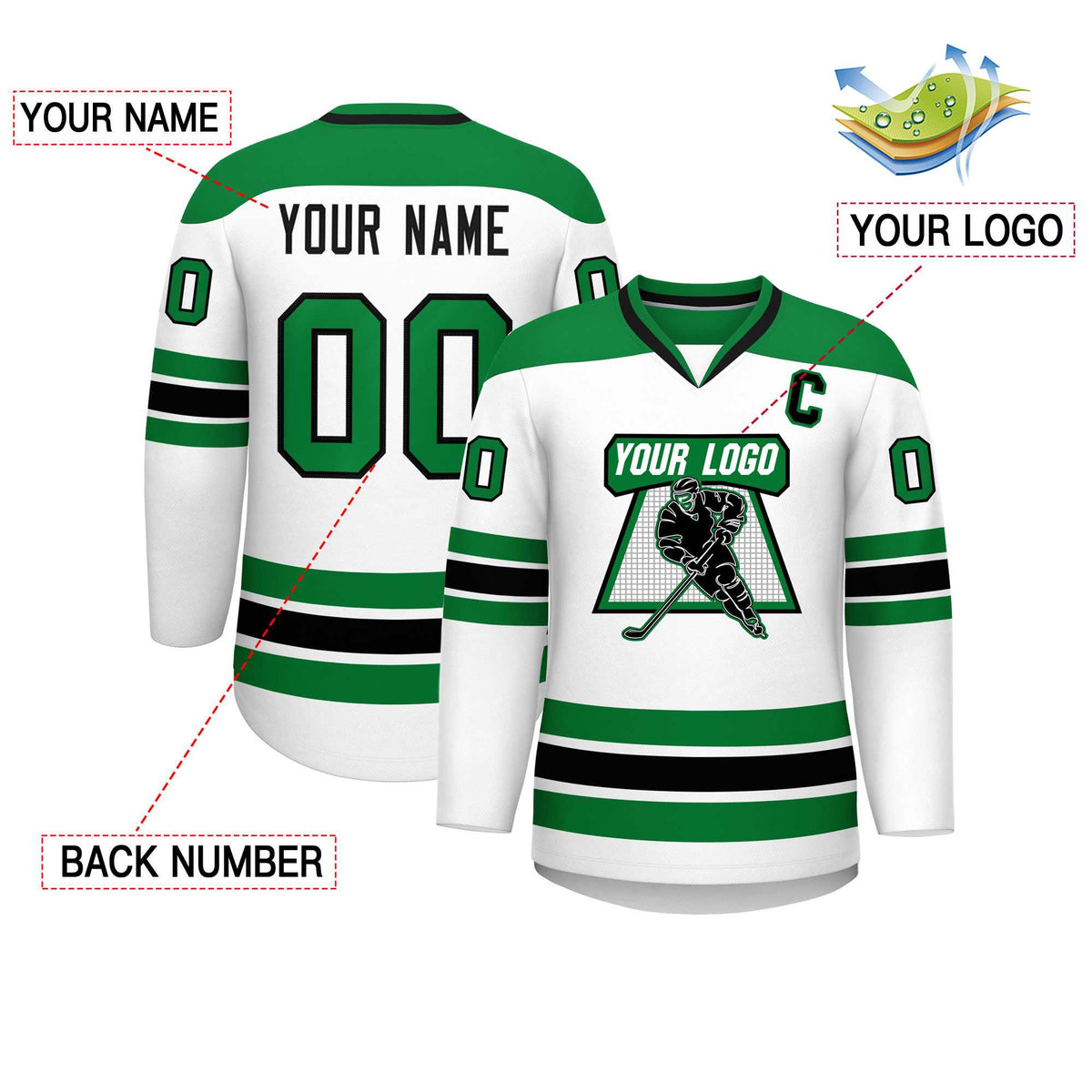 Custom White Kelly Green-Black Personalized Classic V-Neck Hockey Jersey | KXKSHOP