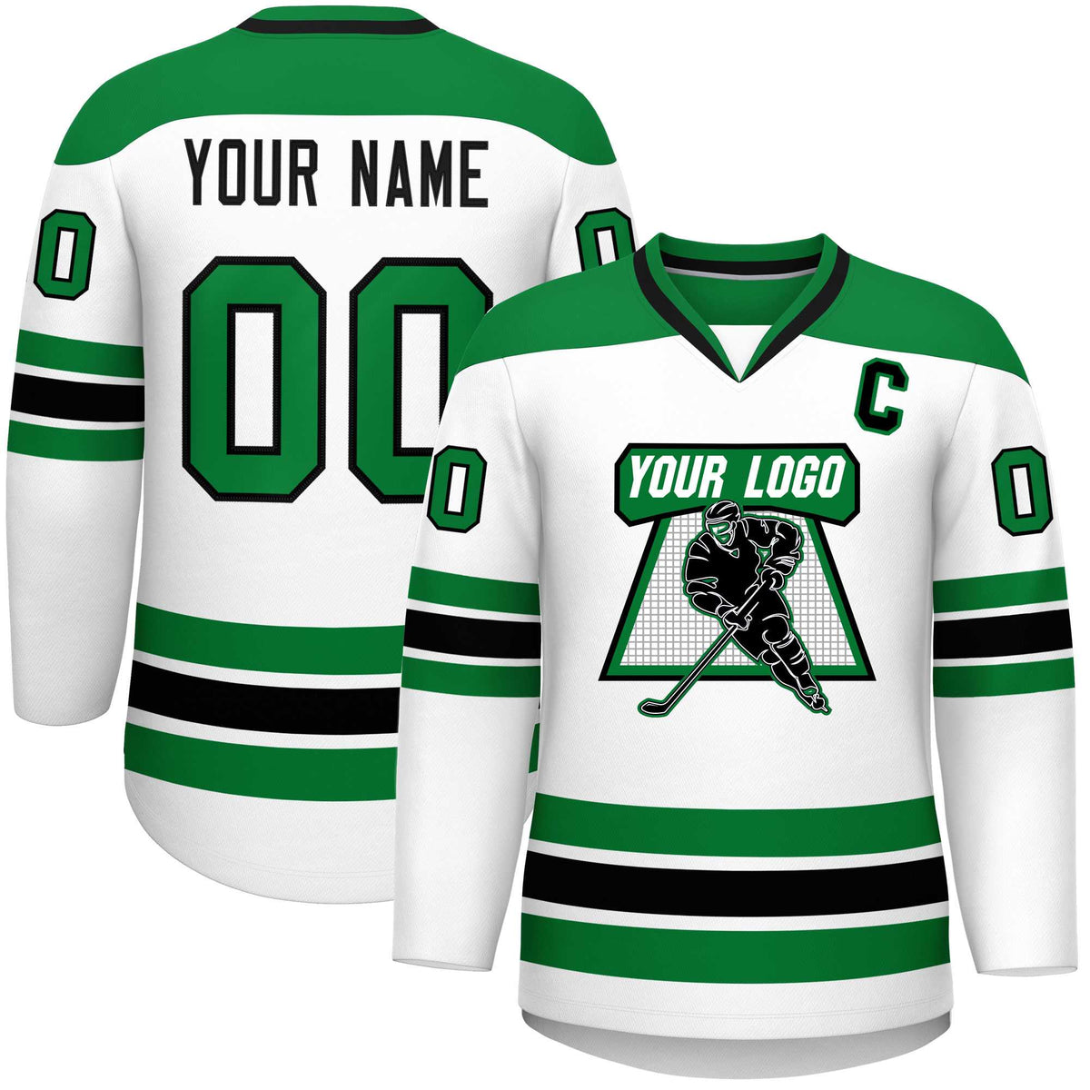 Custom White Kelly Green-Black Personalized Classic V-Neck Hockey Jersey | KXKSHOP