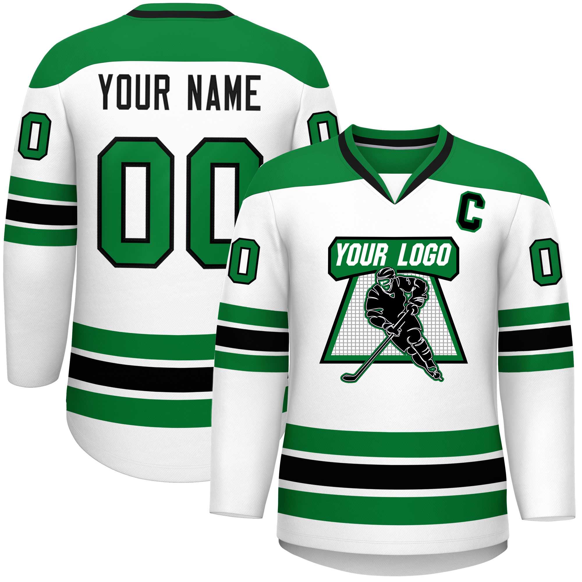Custom White Kelly Green-Black Personalized Classic V-Neck Hockey Jersey | KXKSHOP