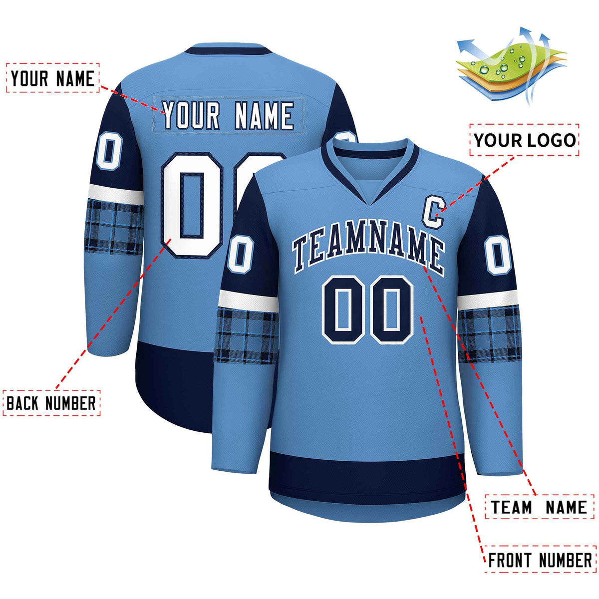 Custom Light Blue Navy-White Personalized Raglan Sleeves V-Neck Hockey Jersey | KXKSHOP