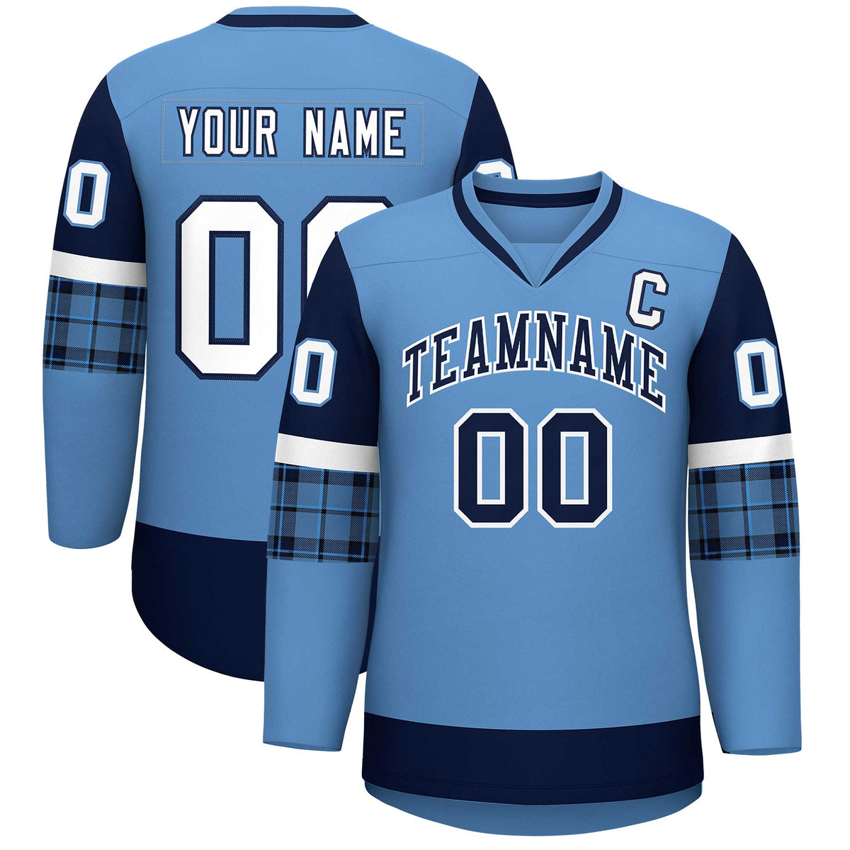 Custom Light Blue Navy-White Personalized Raglan Sleeves V-Neck Hockey Jersey | KXKSHOP