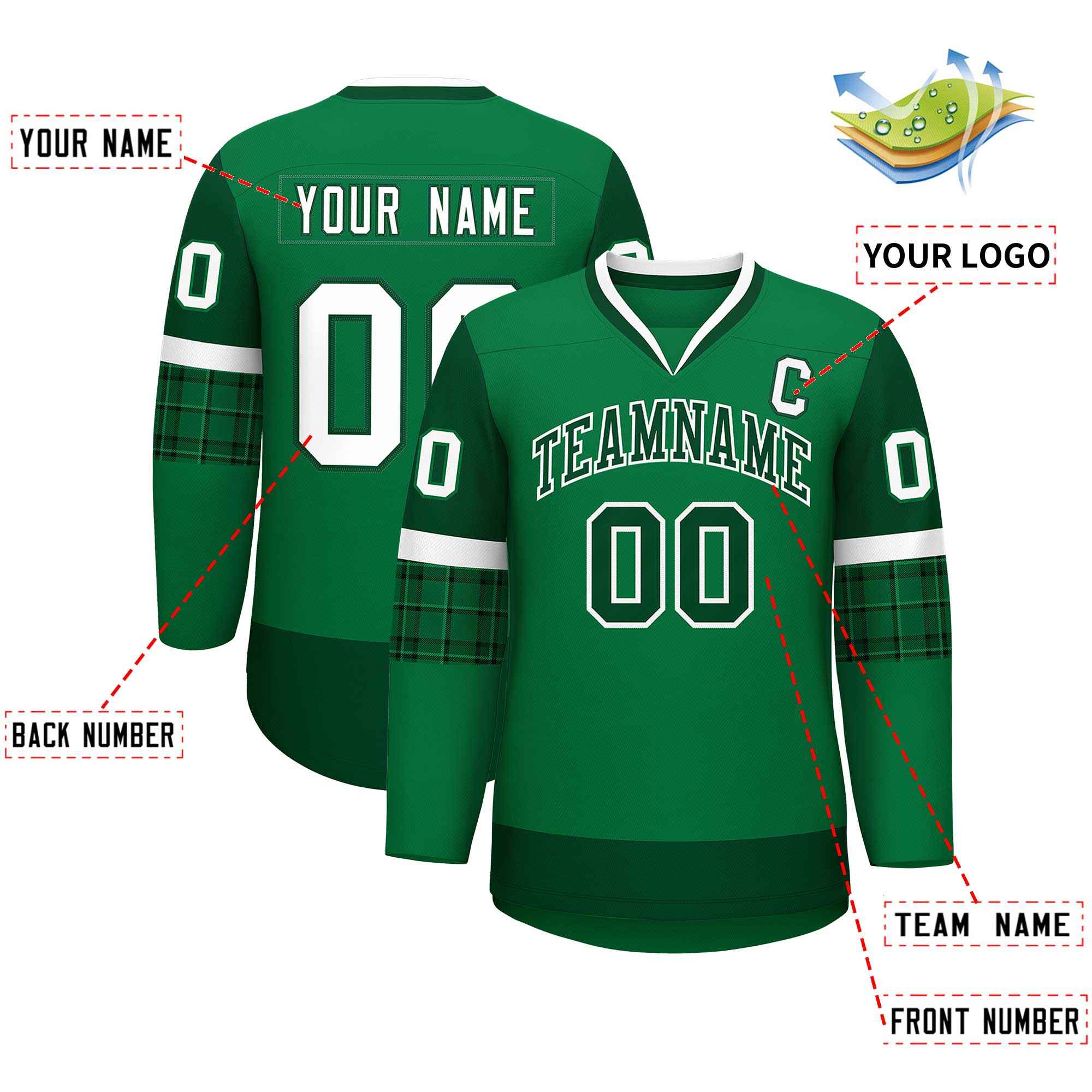 Custom Teal Green-White Personalized Raglan Sleeves V-Neck Hockey Jersey | KXKSHOP