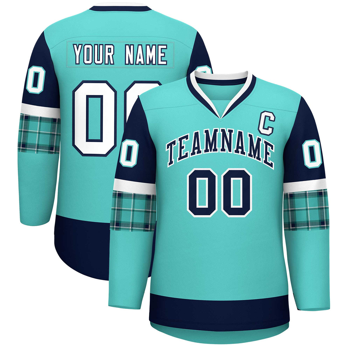 Custom Bright Green Navy-White Personalized Raglan Sleeves V-Neck Hockey Jersey | KXKSHOP