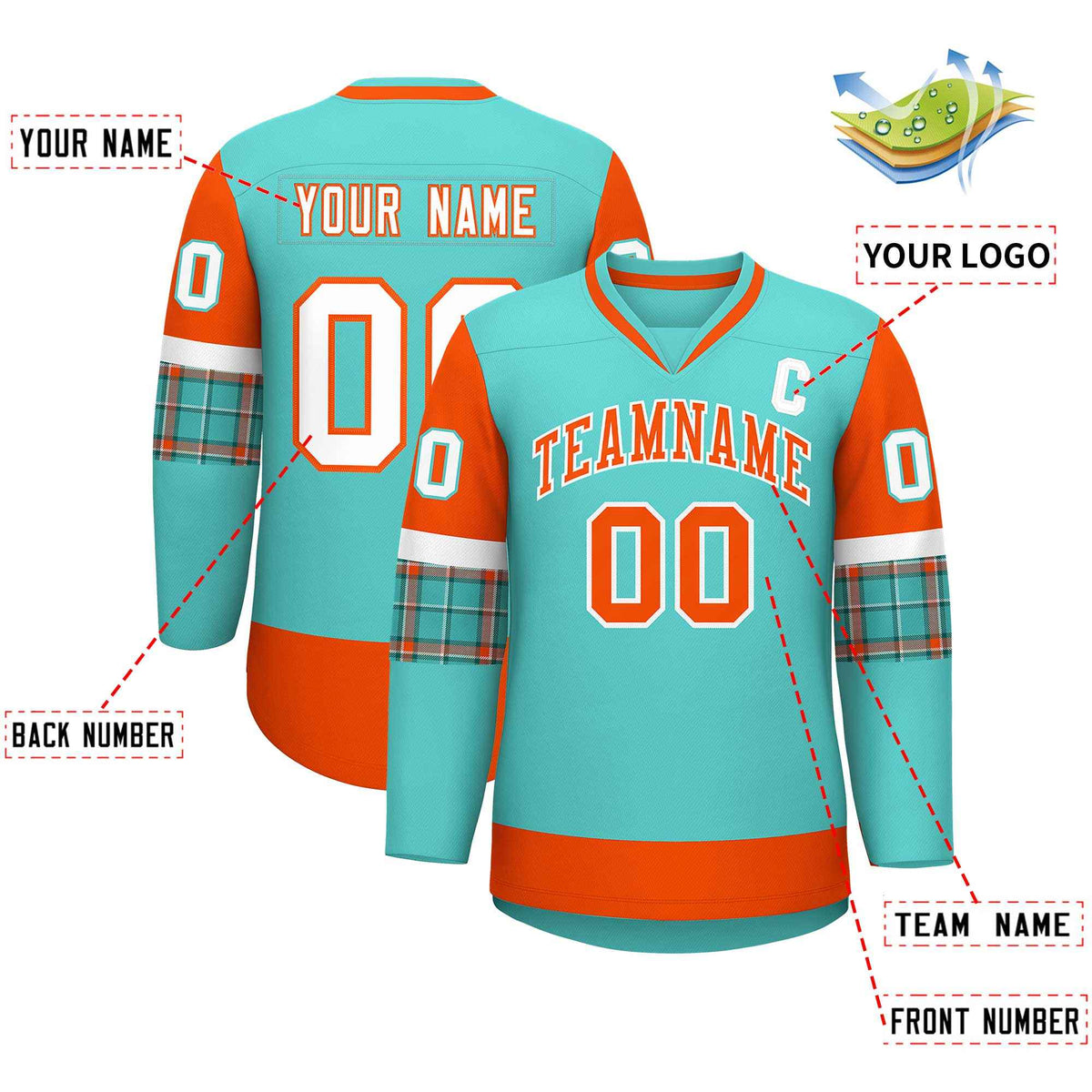 Custom Bright Green Orange-White Personalized Raglan Sleeves V-Neck Hockey Jersey | KXKSHOP