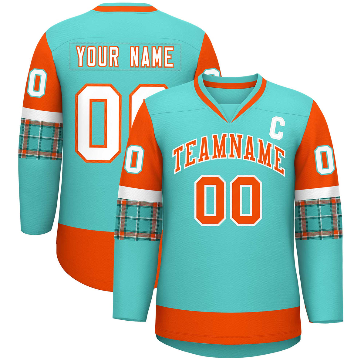 Custom Bright Green Orange-White Personalized Raglan Sleeves V-Neck Hockey Jersey | KXKSHOP