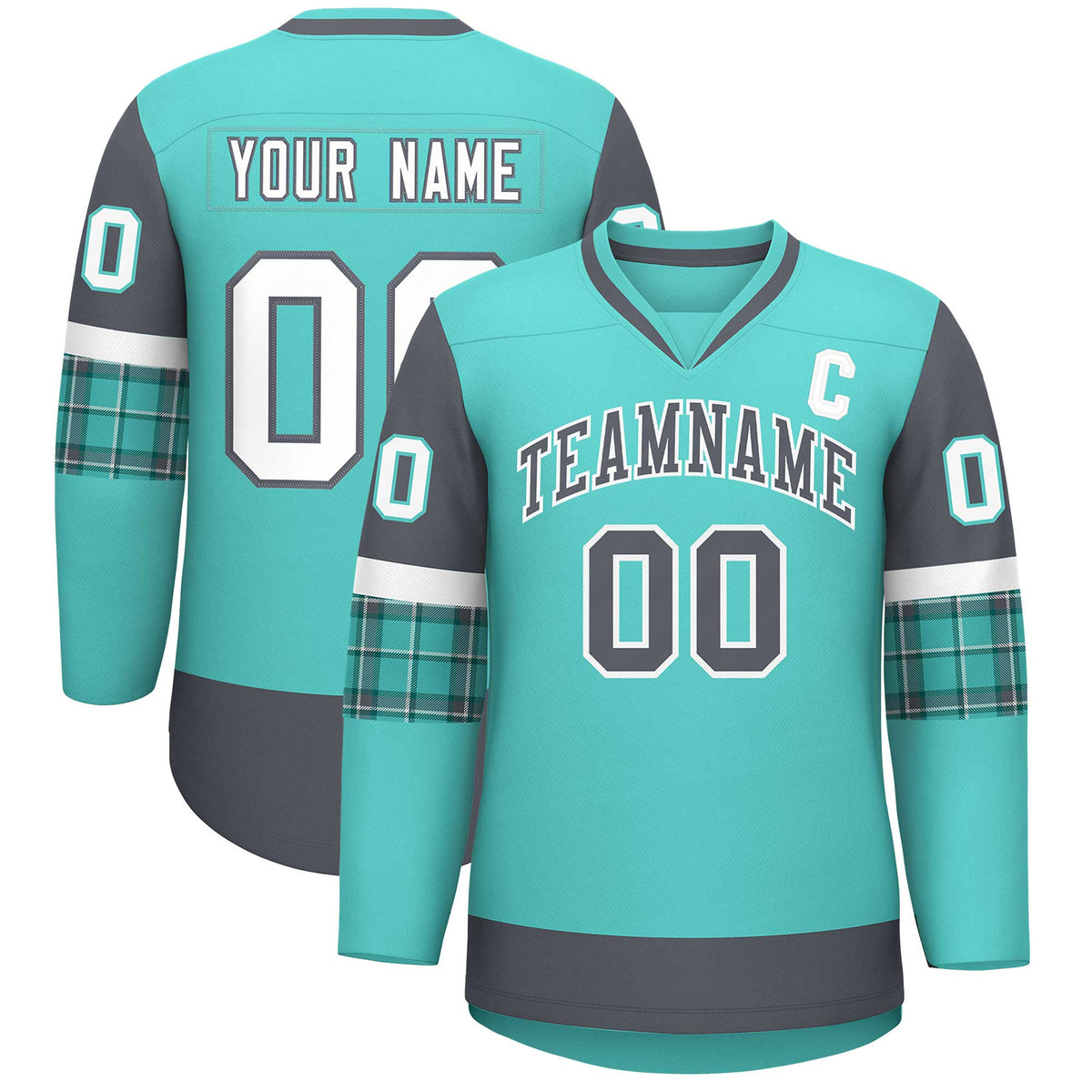 Custom Bright Green Dark Gray-White Personalized Raglan Sleeves V-Neck Hockey Jersey | KXKSHOP