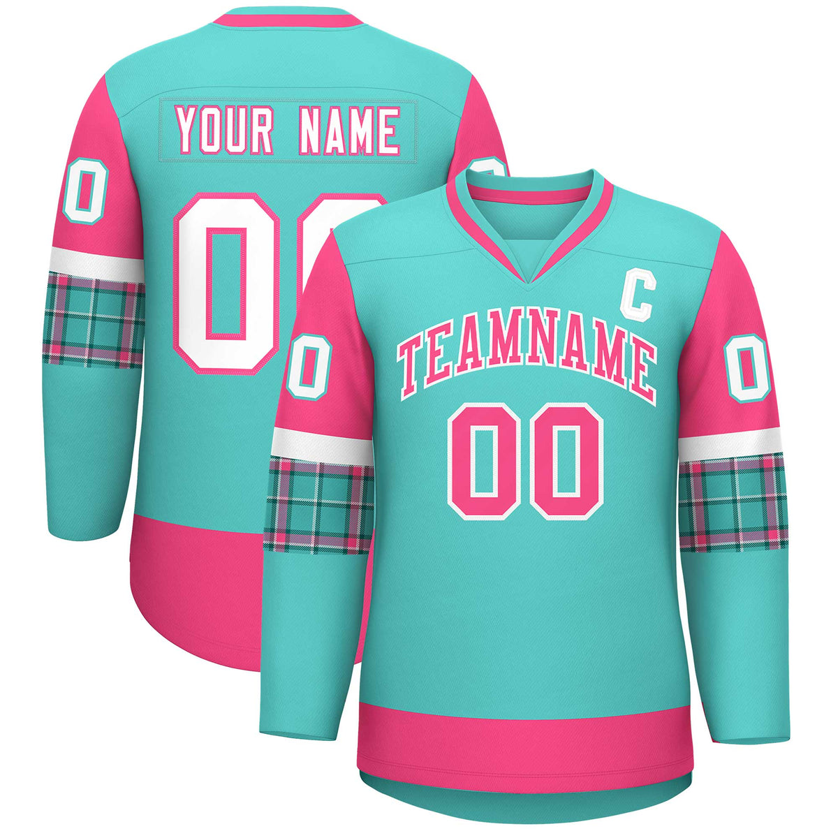 Custom Bright Green Pink-White Personalized Raglan Sleeves V-Neck Hockey Jersey | KXKSHOP