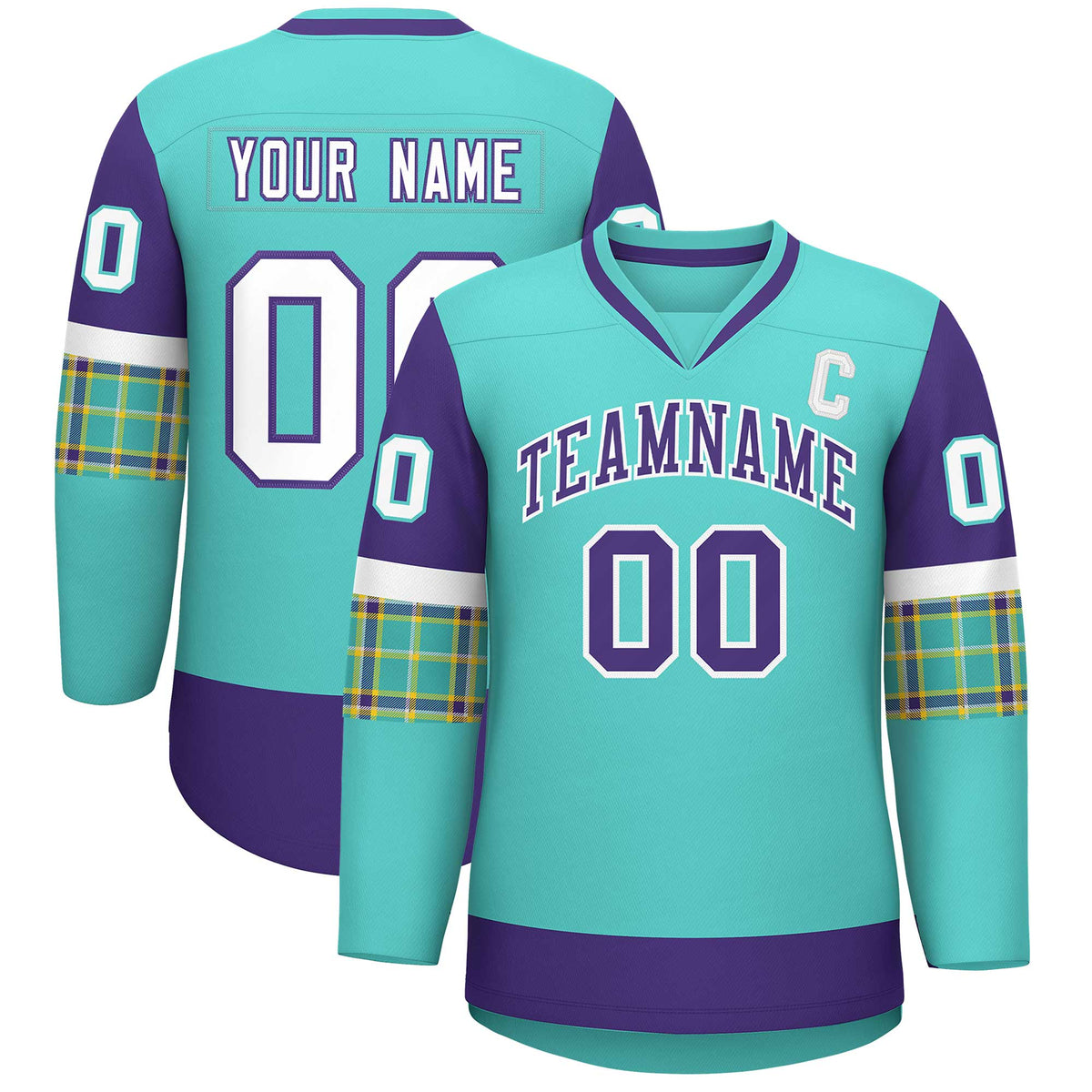 Custom Bright Green Purple-White Personalized Raglan Sleeves V-Neck Hockey Jersey | KXKSHOP
