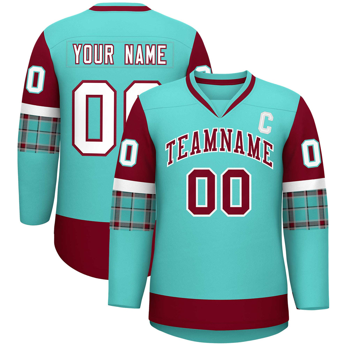 Custom Bright Green Crimson-White Personalized Raglan Sleeves V-Neck Hockey Jersey | KXKSHOP