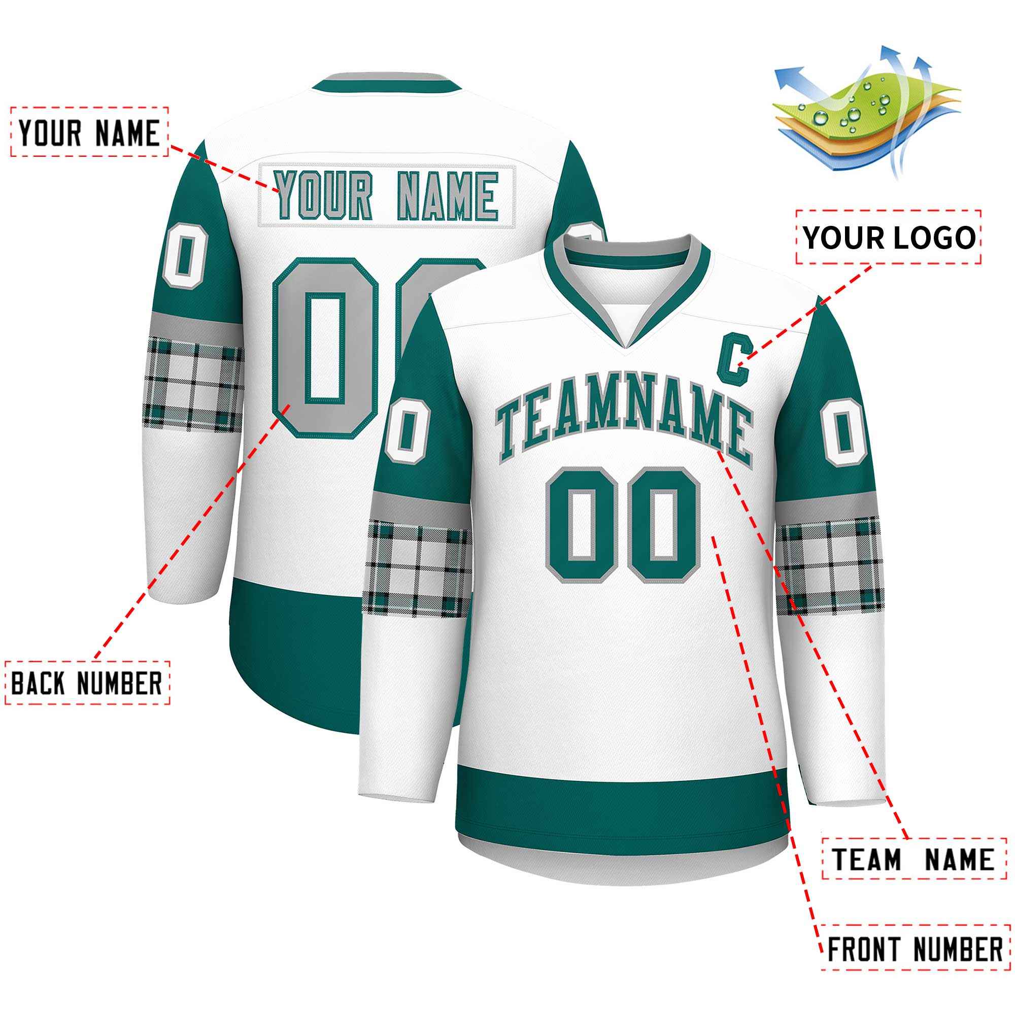 Custom White Aqua-Gray Personalized Raglan Sleeves V-Neck Hockey Jersey | KXKSHOP