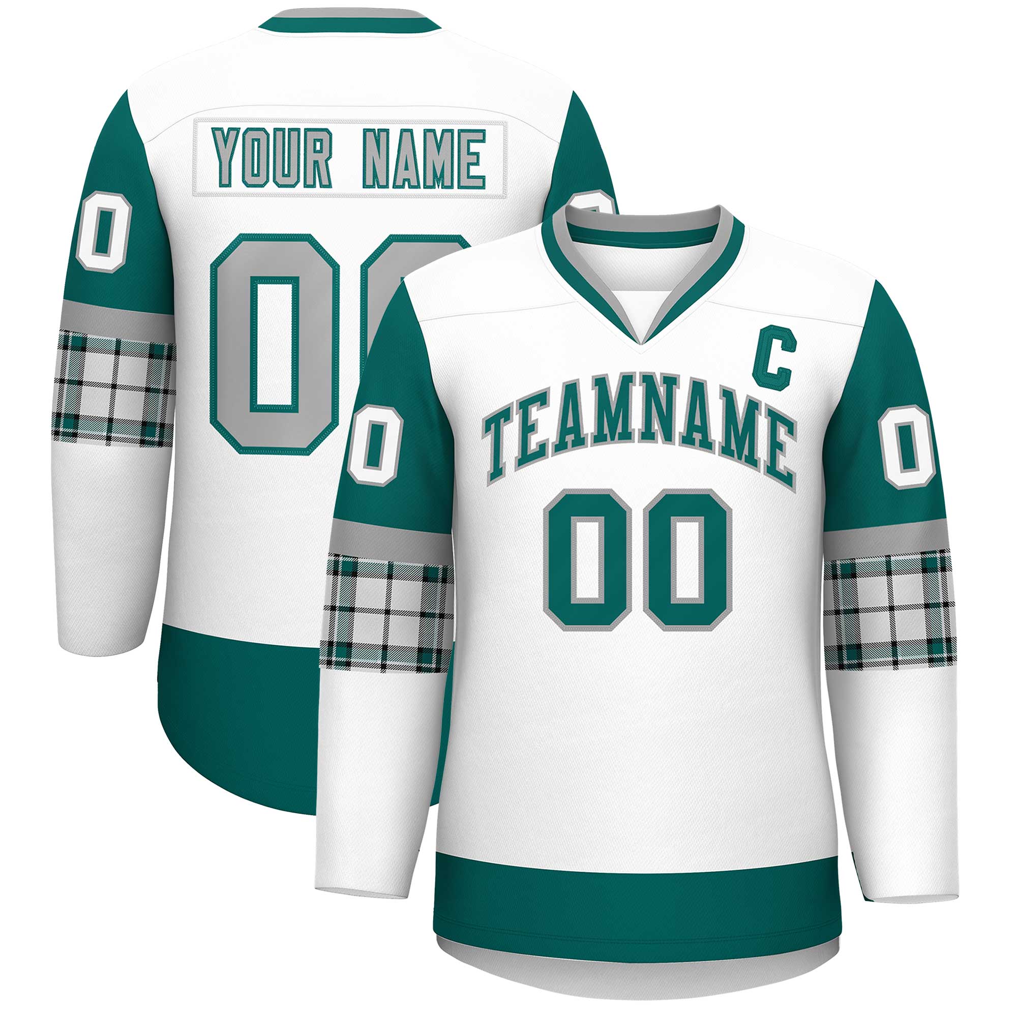 Custom White Aqua-Gray Personalized Raglan Sleeves V-Neck Hockey Jersey | KXKSHOP