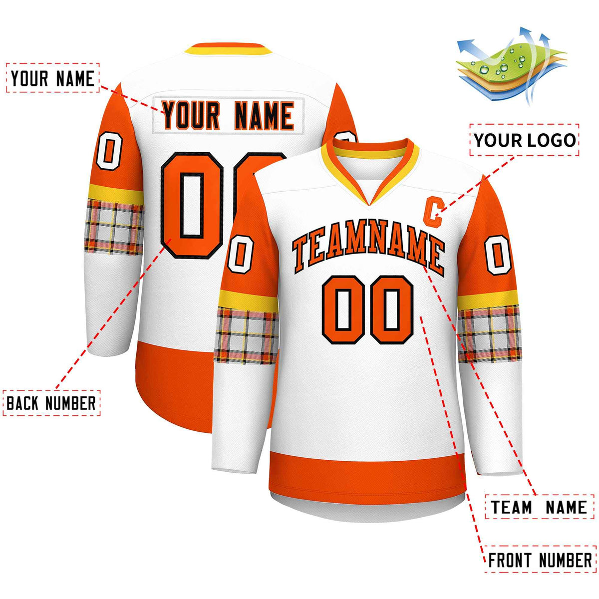 Custom White Orange-Yellow Personalized Raglan Sleeves V-Neck Hockey Jersey | KXKSHOP