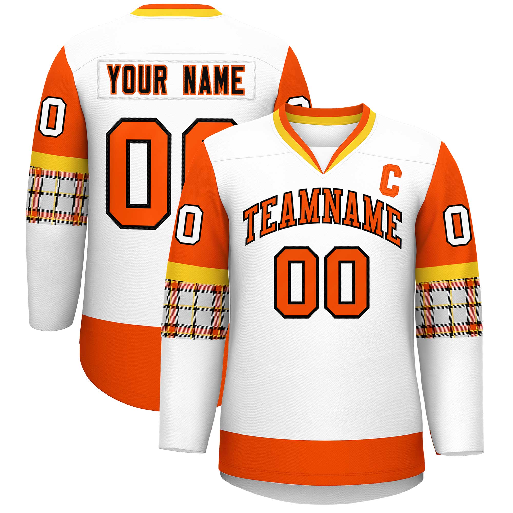 Custom White Orange-Yellow Personalized Raglan Sleeves V-Neck Hockey Jersey | KXKSHOP