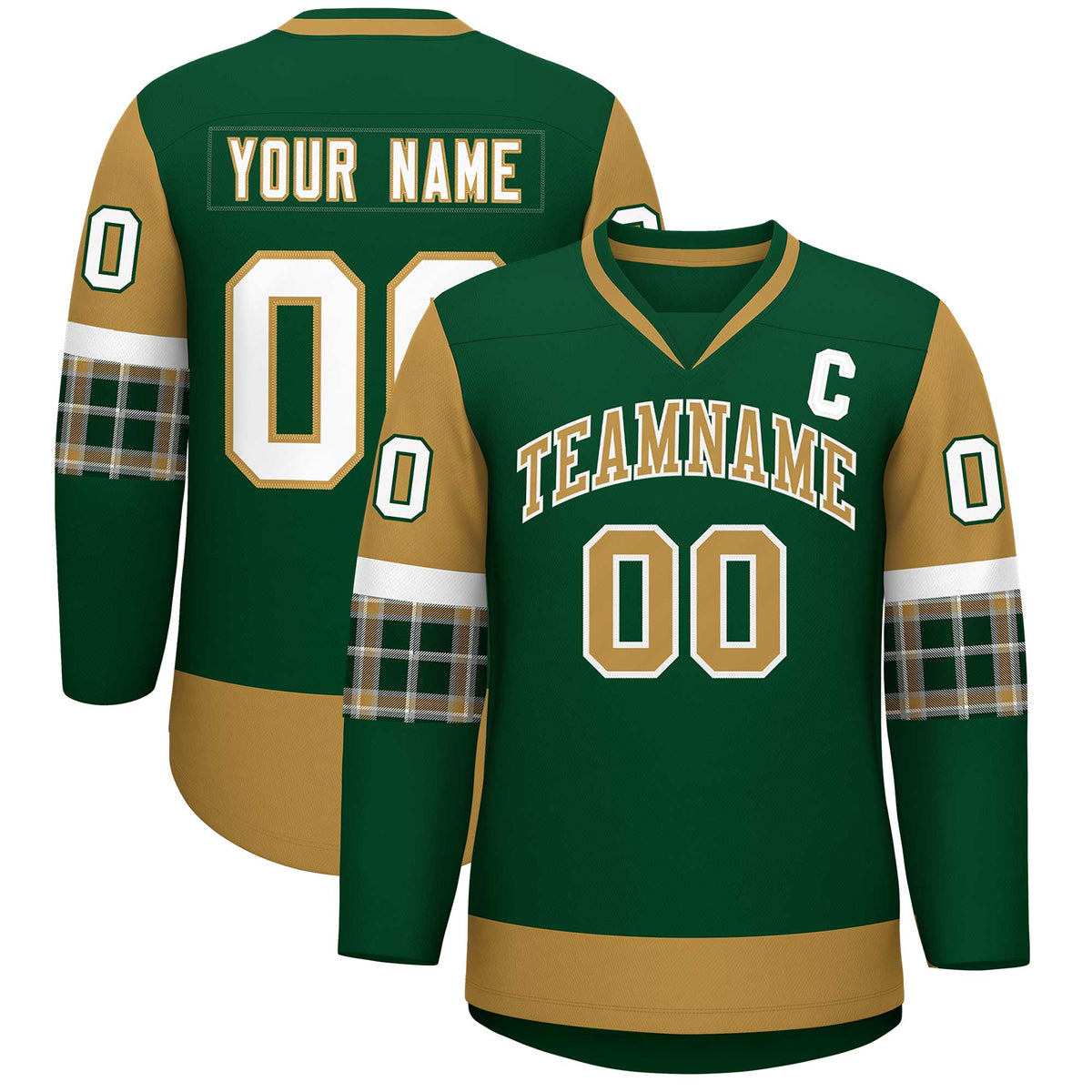 Custom Green Old Gold-White Personalized Raglan Sleeves V-Neck Hockey Jersey | KXKSHOP