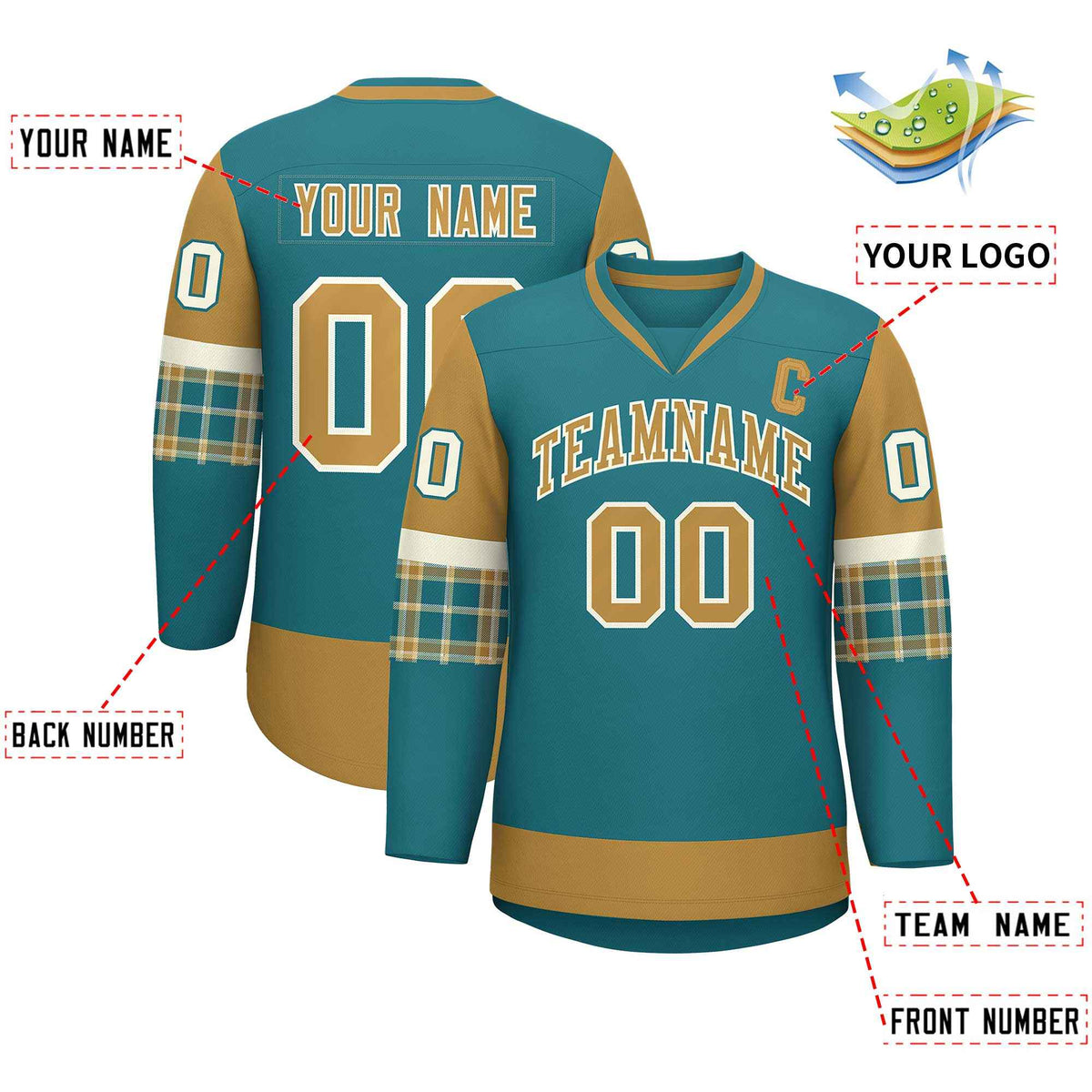 Custom Aqua Old Gold-Cream Personalized Raglan Sleeves V-Neck Hockey Jersey | KXKSHOP