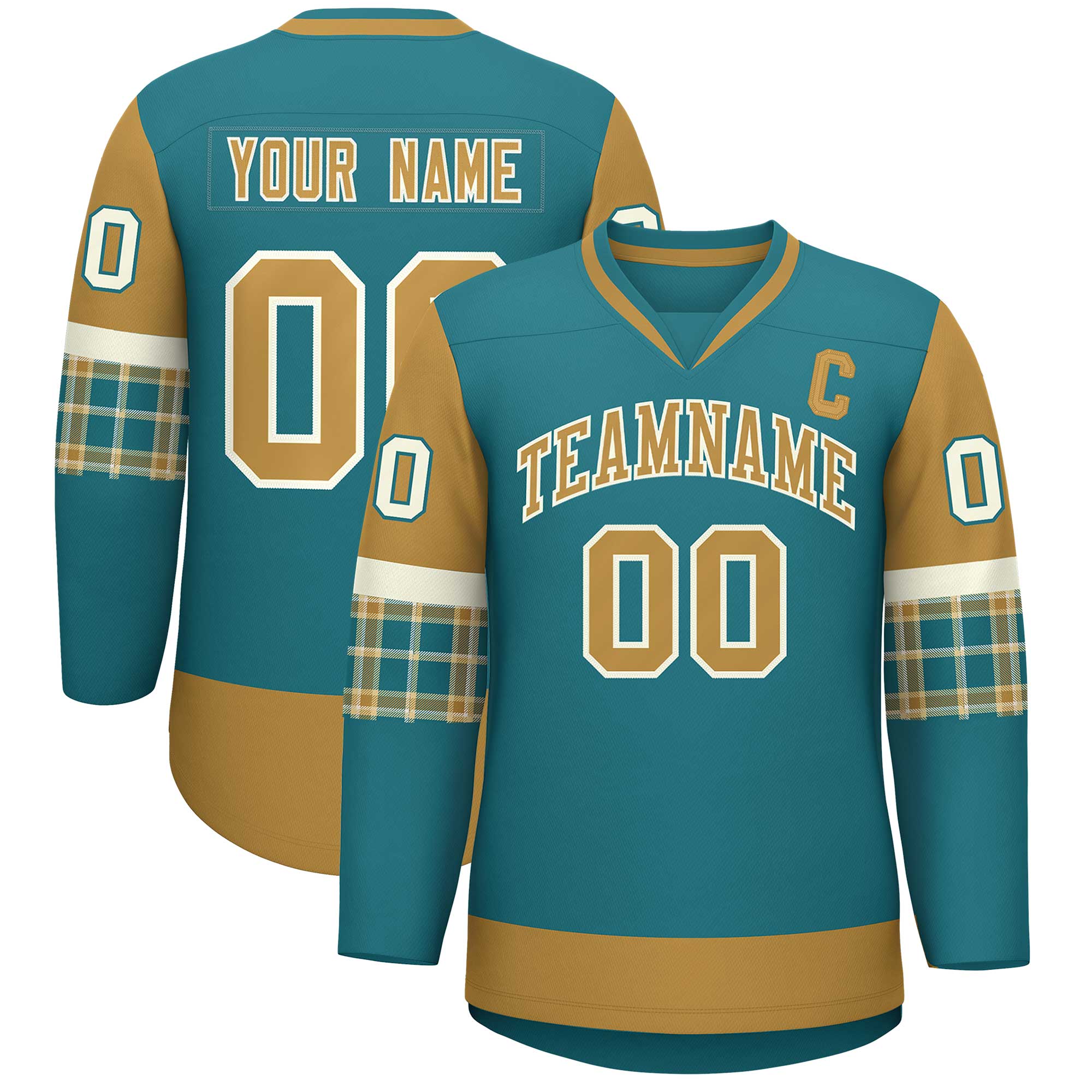 Custom Aqua Old Gold-Cream Personalized Raglan Sleeves V-Neck Hockey Jersey | KXKSHOP