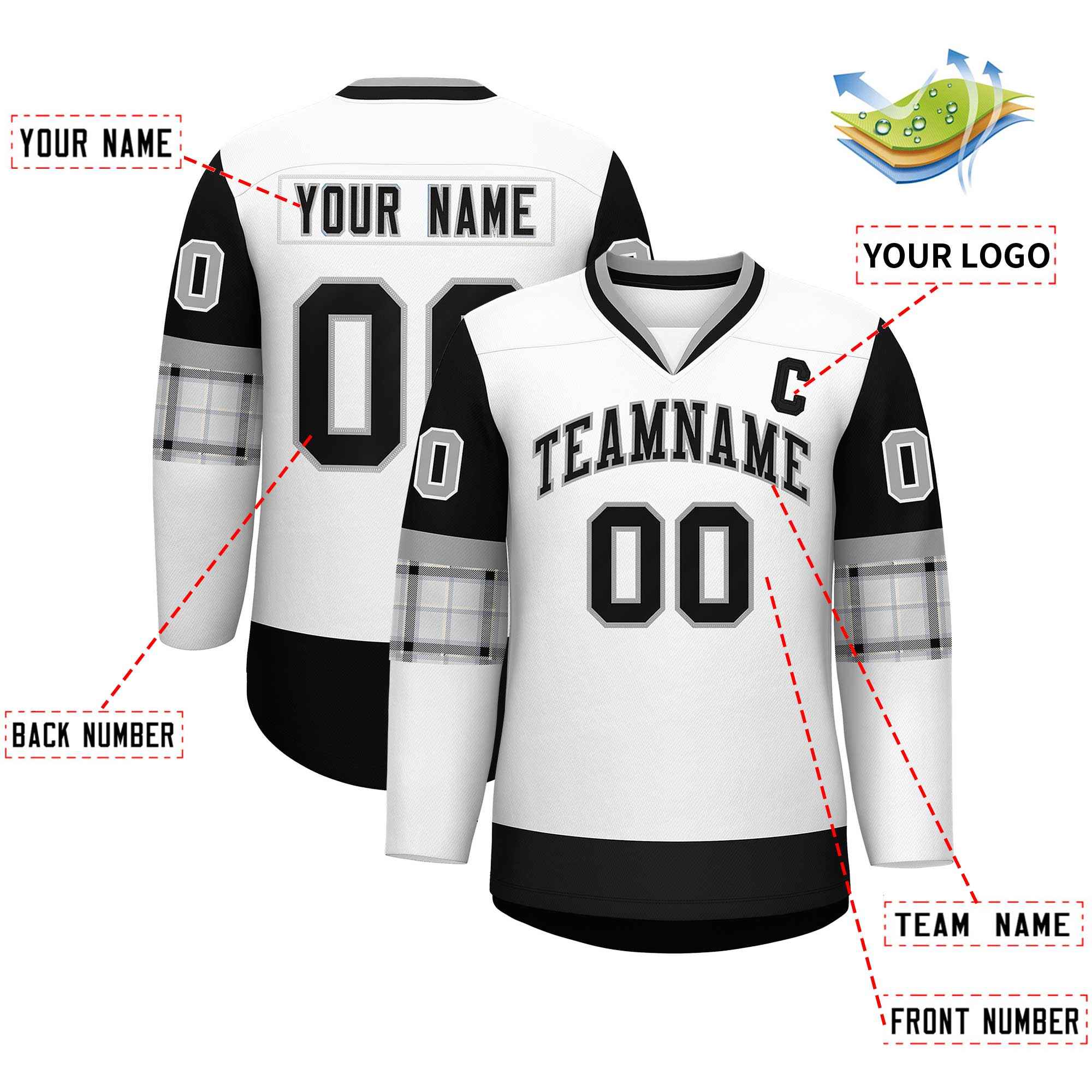 Custom White Black-Gray Personalized Raglan Sleeves V-Neck Hockey Jersey | KXKSHOP