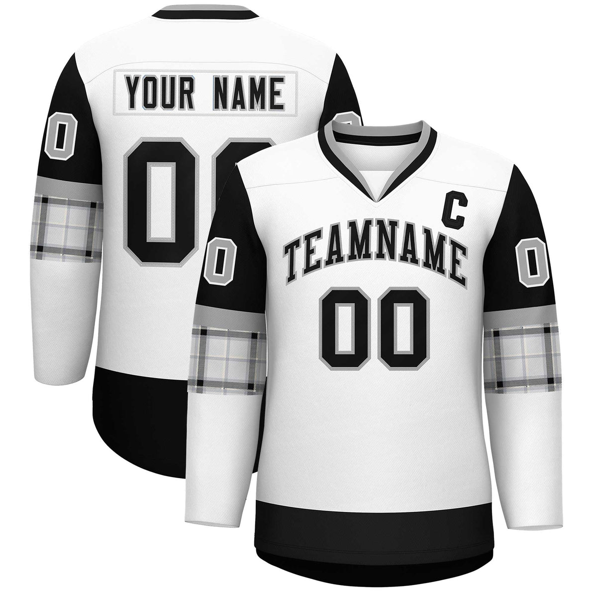 Custom White Black-Gray Personalized Raglan Sleeves V-Neck Hockey Jersey | KXKSHOP