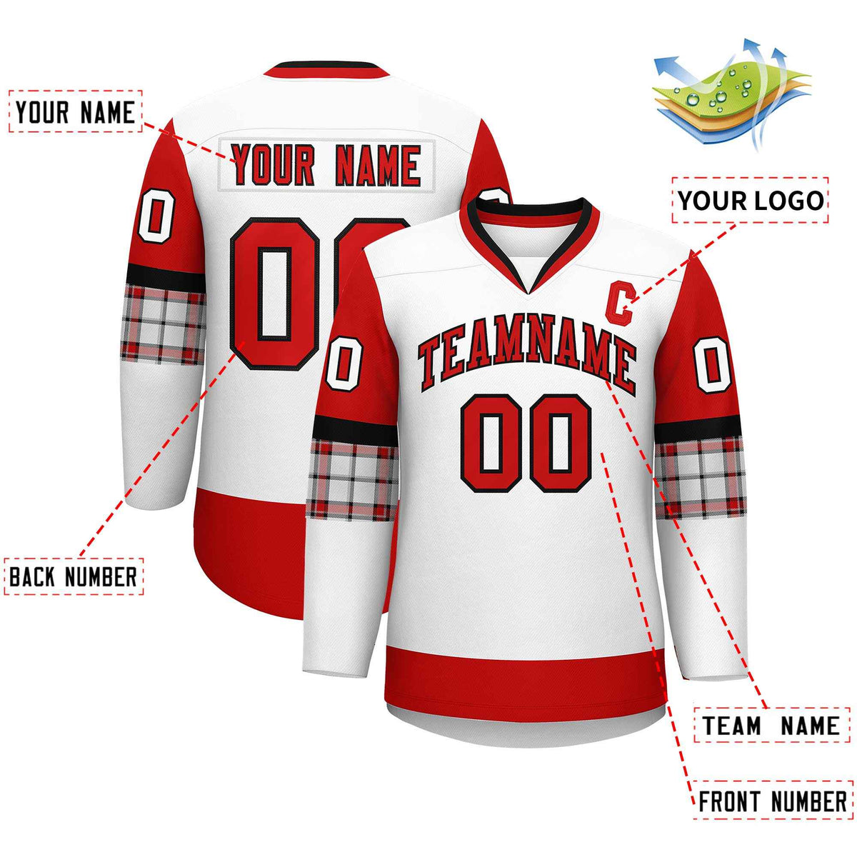 Custom White Red-Black Personalized Raglan Sleeves V-Neck Hockey Jersey | KXKSHOP