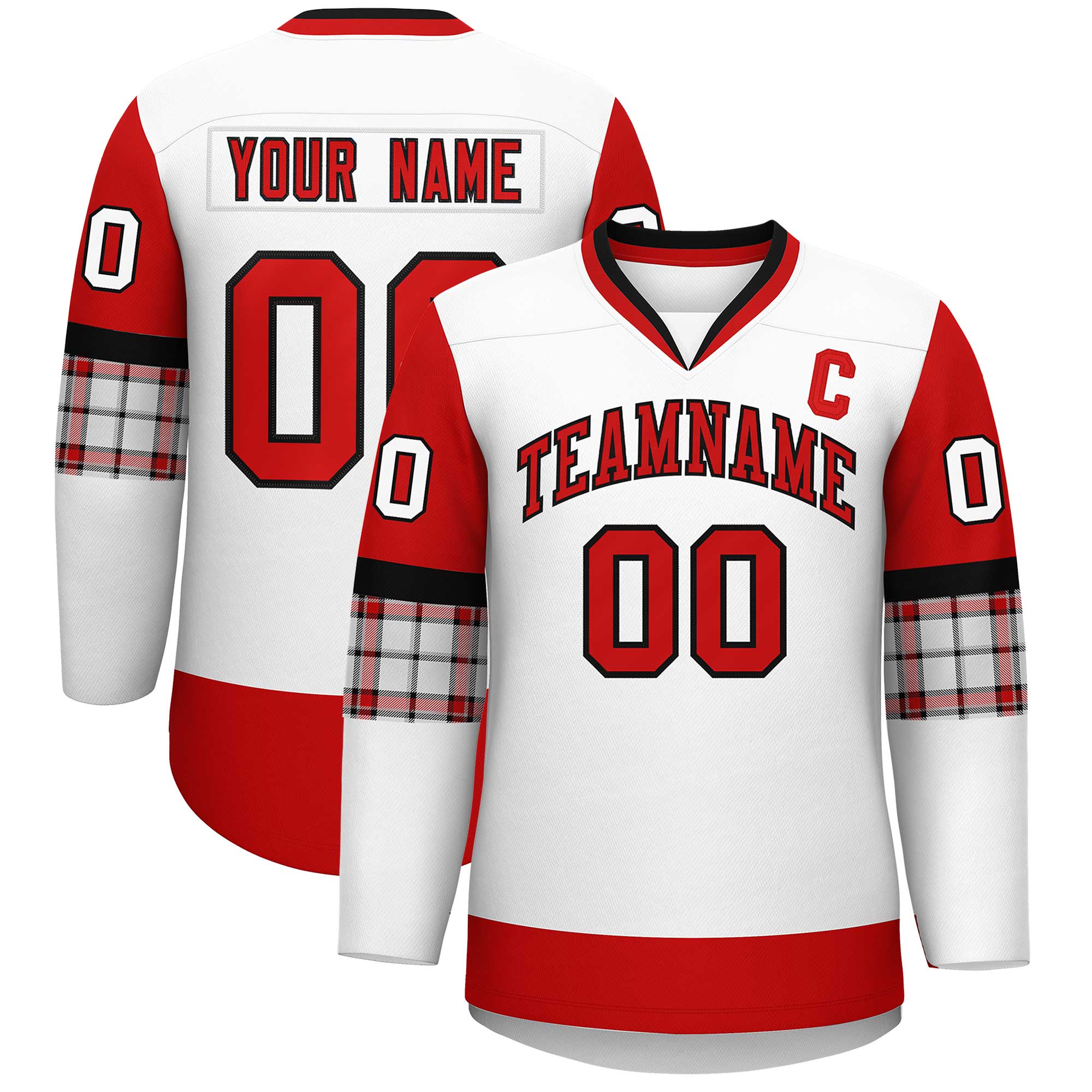 Custom White Red-Black Personalized Raglan Sleeves V-Neck Hockey Jersey | KXKSHOP